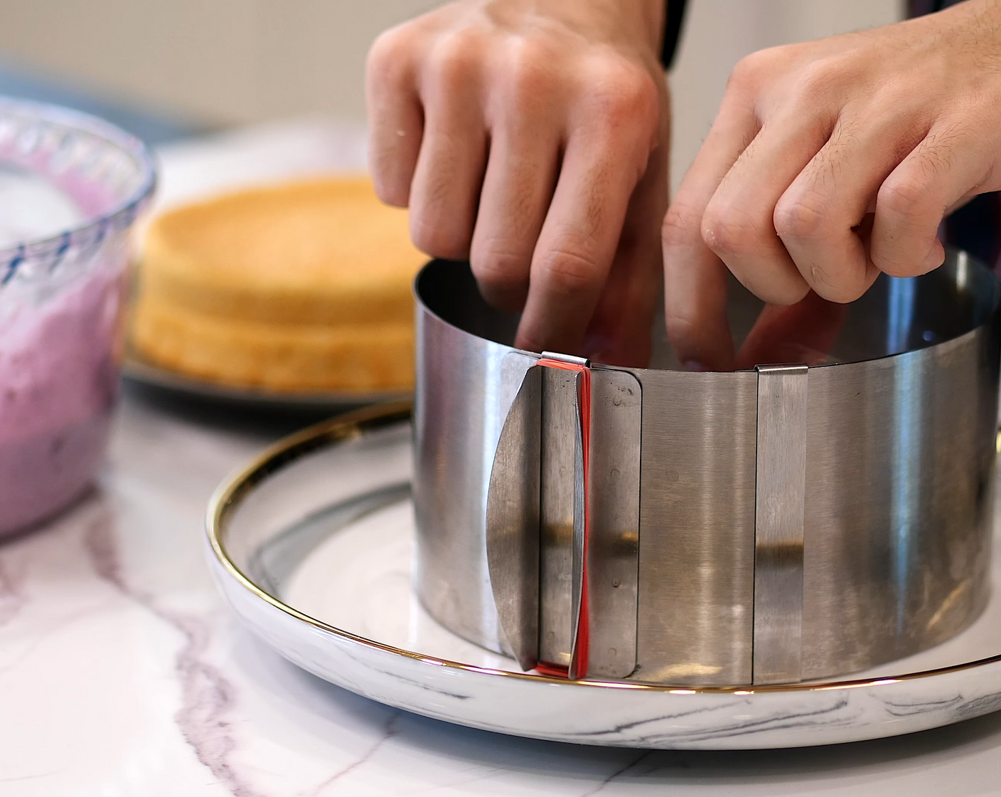 step 13 Prepare a 16-centimeter round cake ring along with a 6-centimeter transparent plastic cake wrapper to layer the cake.