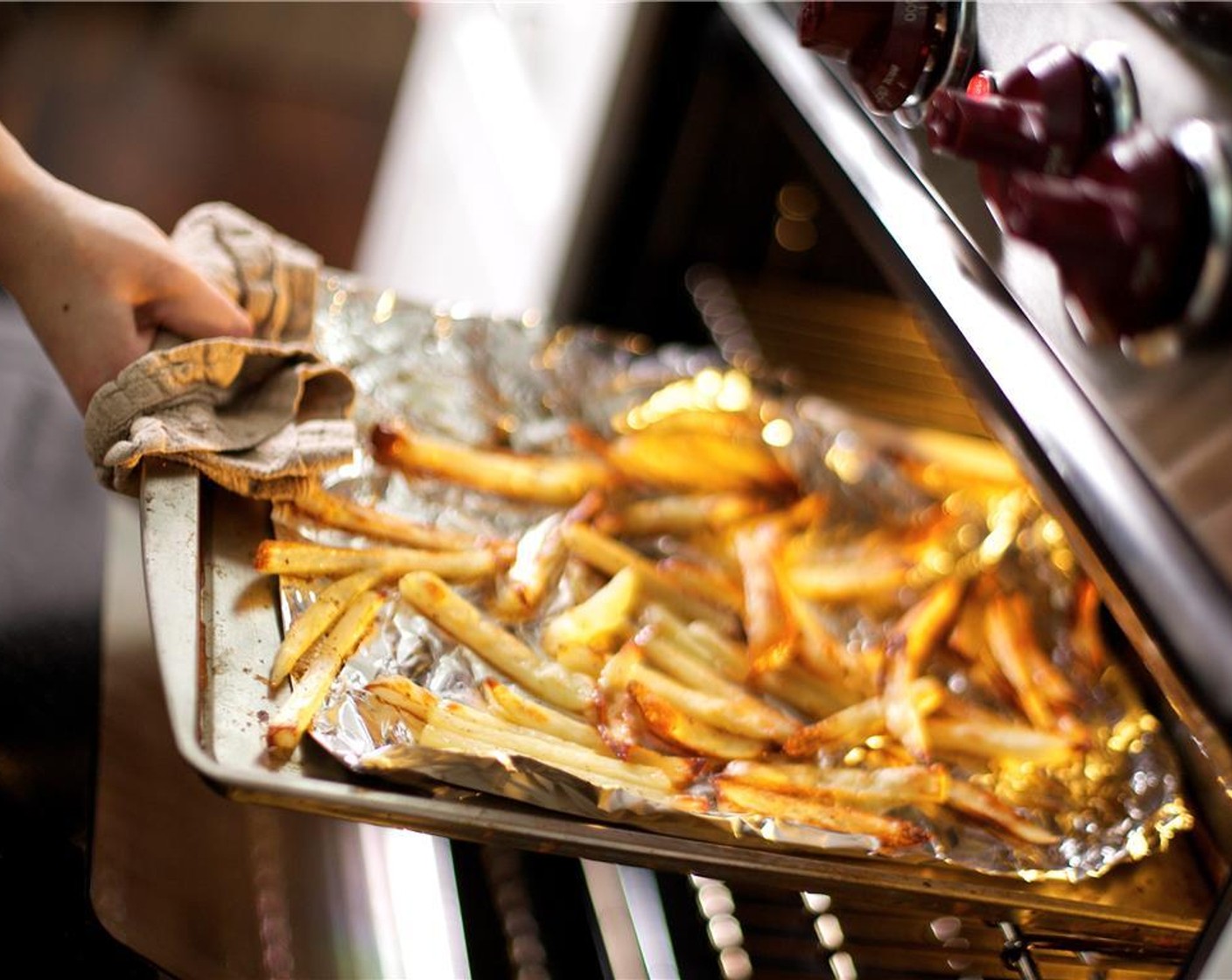 step 8 Coat a foiled sheet pan lightly with non stick spray. Place chips in a single layer on the pan. Bake until browned and crispy, about 30 minutes. If desired, finish in the broiler for 2 minutes to make fries extra crispy but do not burn!