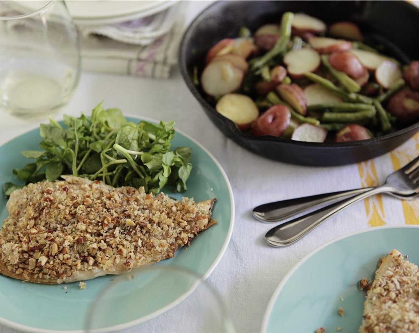 step 14 Turn the heat to broil and continue to cook for 1 to 2 minutes or just until the crust is golden brown. Serve trout immediately on warmed plates with new potatoes and filet bean skillet, along with a side of watercress salad and vinaigrette.