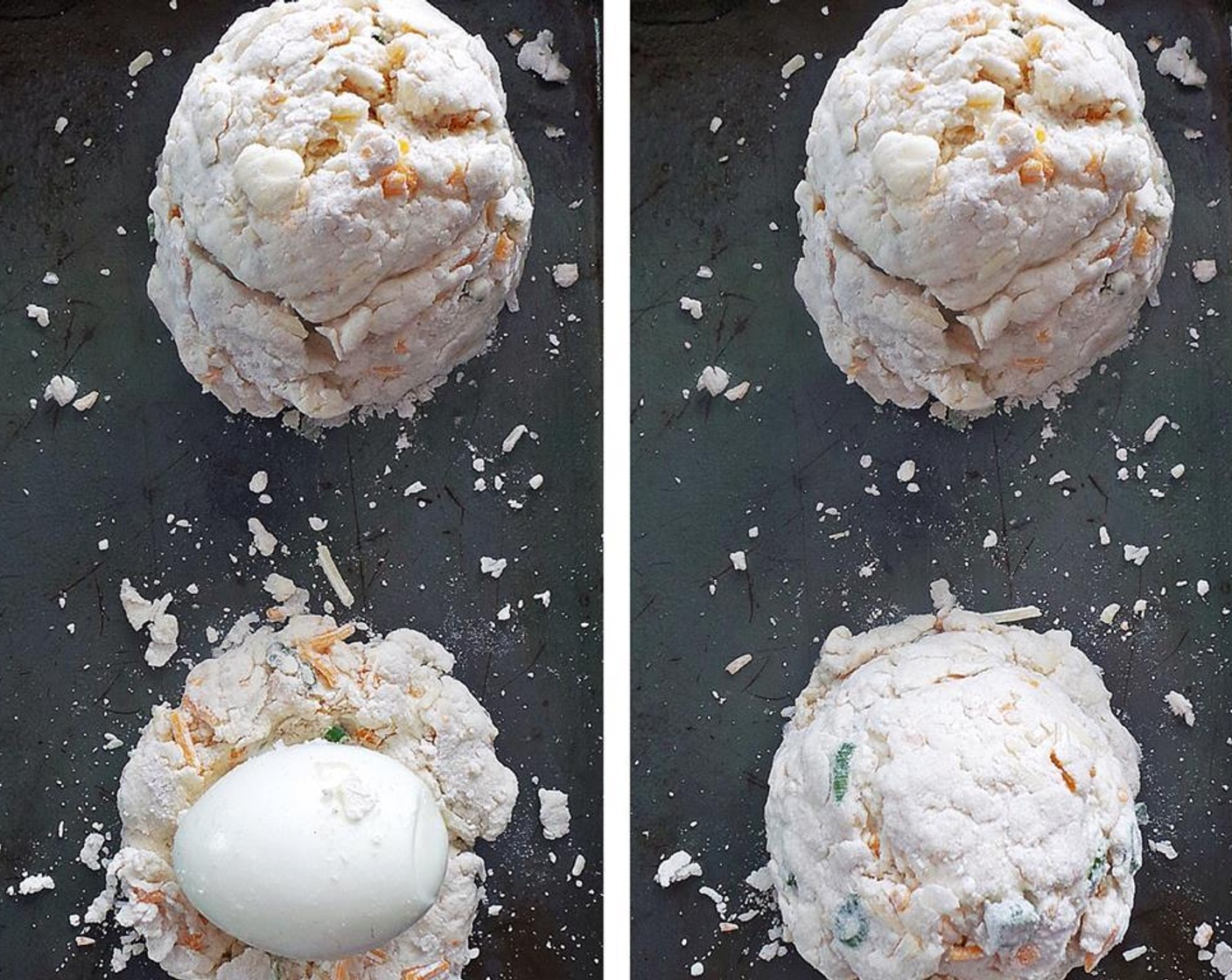 step 6 Take 1/4 cup of the dough and form into a biscuit shape. Place on greased baking sheet and form a well in the center. Place the egg in the well and top with 1/4 cup more of the dough. Shape until the egg is fully covered with dough. Repeat once more.