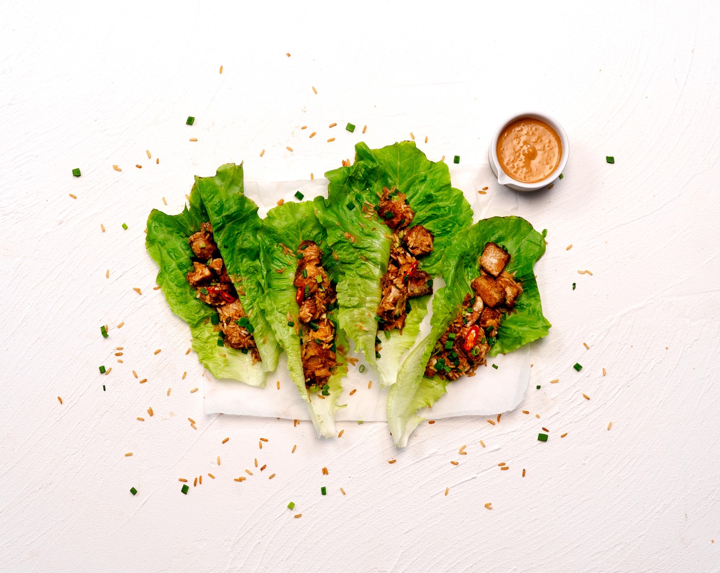 Tofu & Crispy Brown Rice Lettuce Wraps with Peanut & Lime Sauce