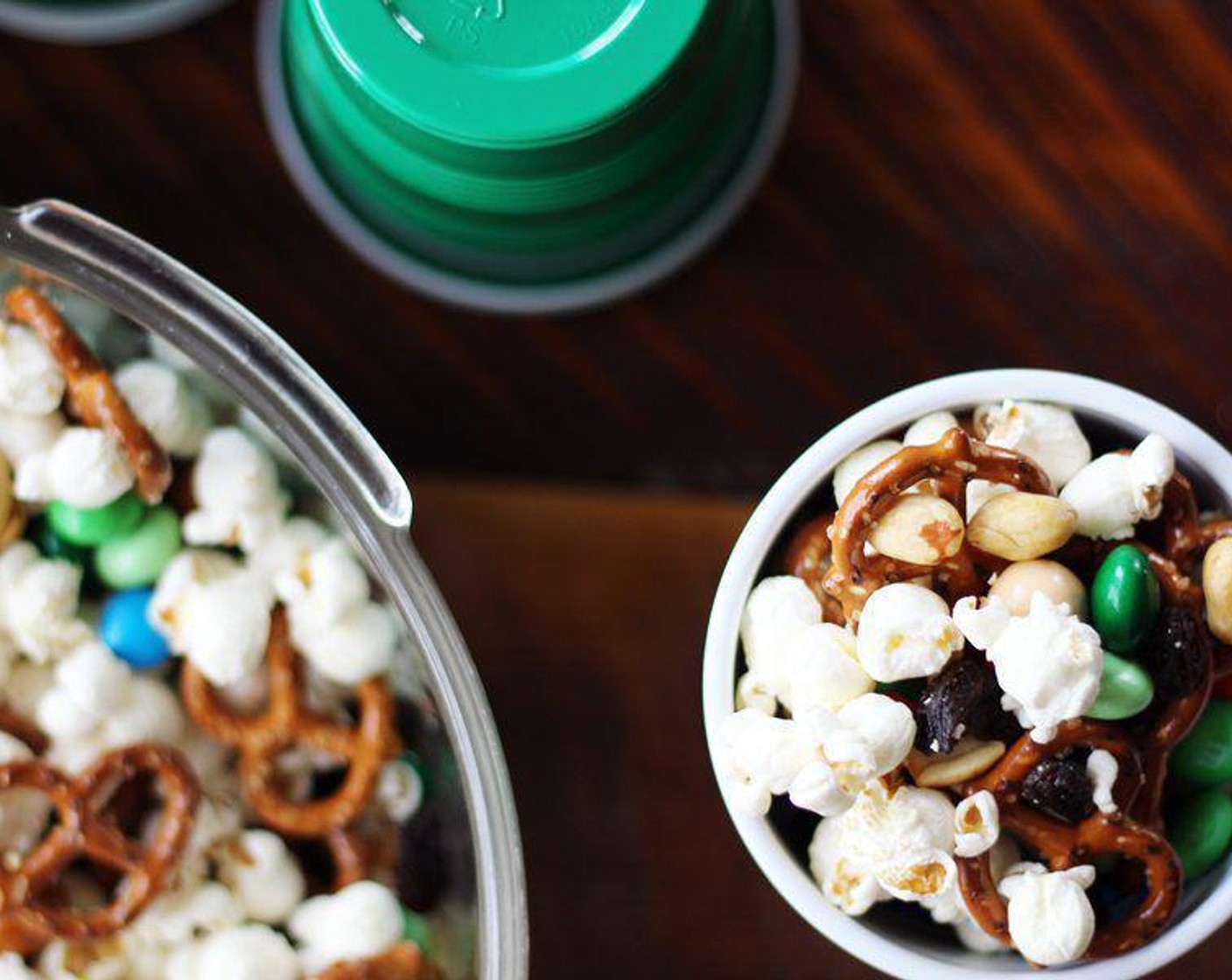 step 1 Combine Popcorn (5 cups), M&M's® Milk Chocolate Candy (4 cups), Trail Mix (3 cups), Mini Pretzels (3 cups) in a large bowl or container. Serve in snack cups or paper bags and enjoy!
