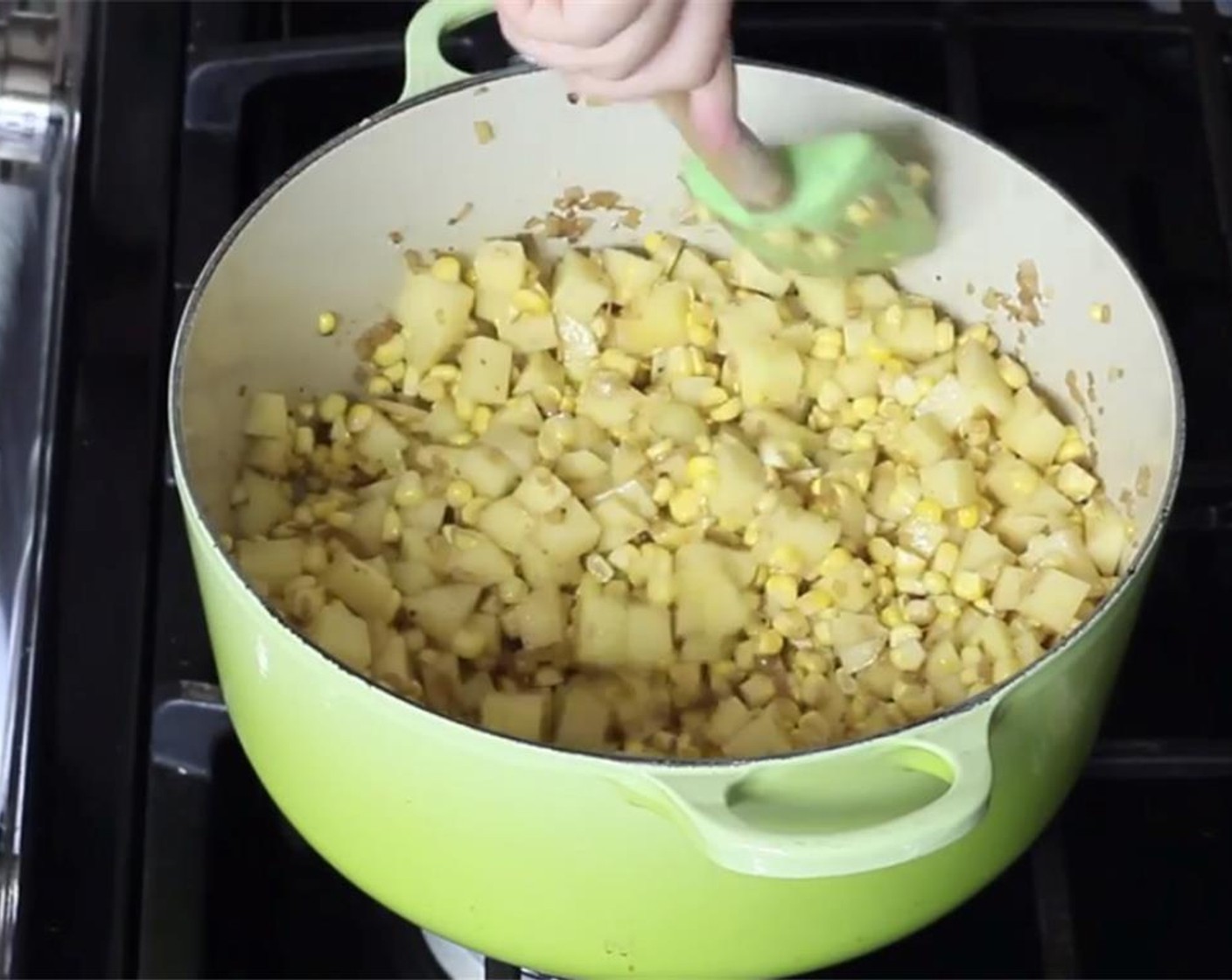 step 7 Add the diced Yukon Gold Potatoes (4) and corn. Toss and season generously with Salt (to taste) and Ground Black Pepper (to taste). Cook for a minute or two.