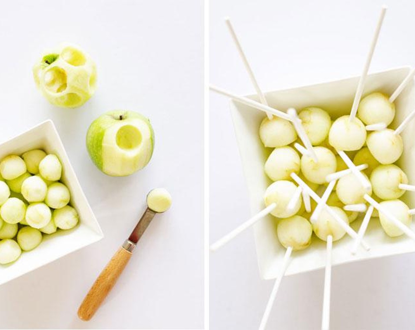 step 2 Peel each Granny Smith Apples (6), then use a melon ball scooper to scoop ball shapes from each apple. Toss the apple balls into the bowl of water to prevent browning while you scoop the rest. When finished, pat dry with paper towels and set on a parchment paper-lined baking sheet. Stick a lollipop stick into each, then set in the freezer for 15 minutes.