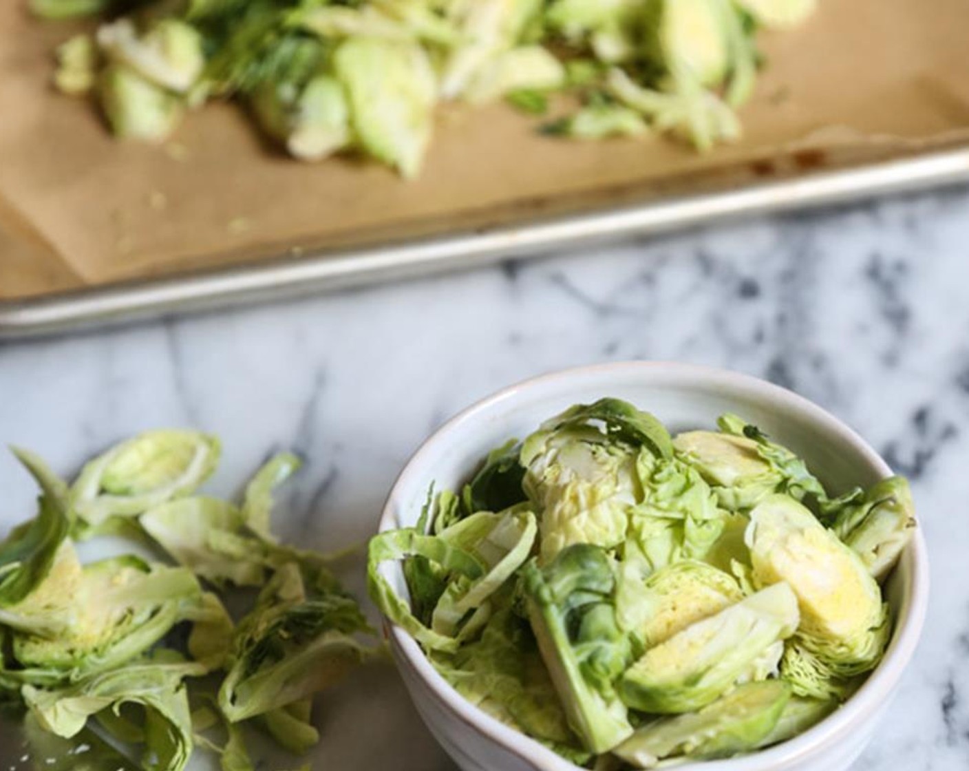 step 2 Thinly slice Brussels Sprouts (5 cups).