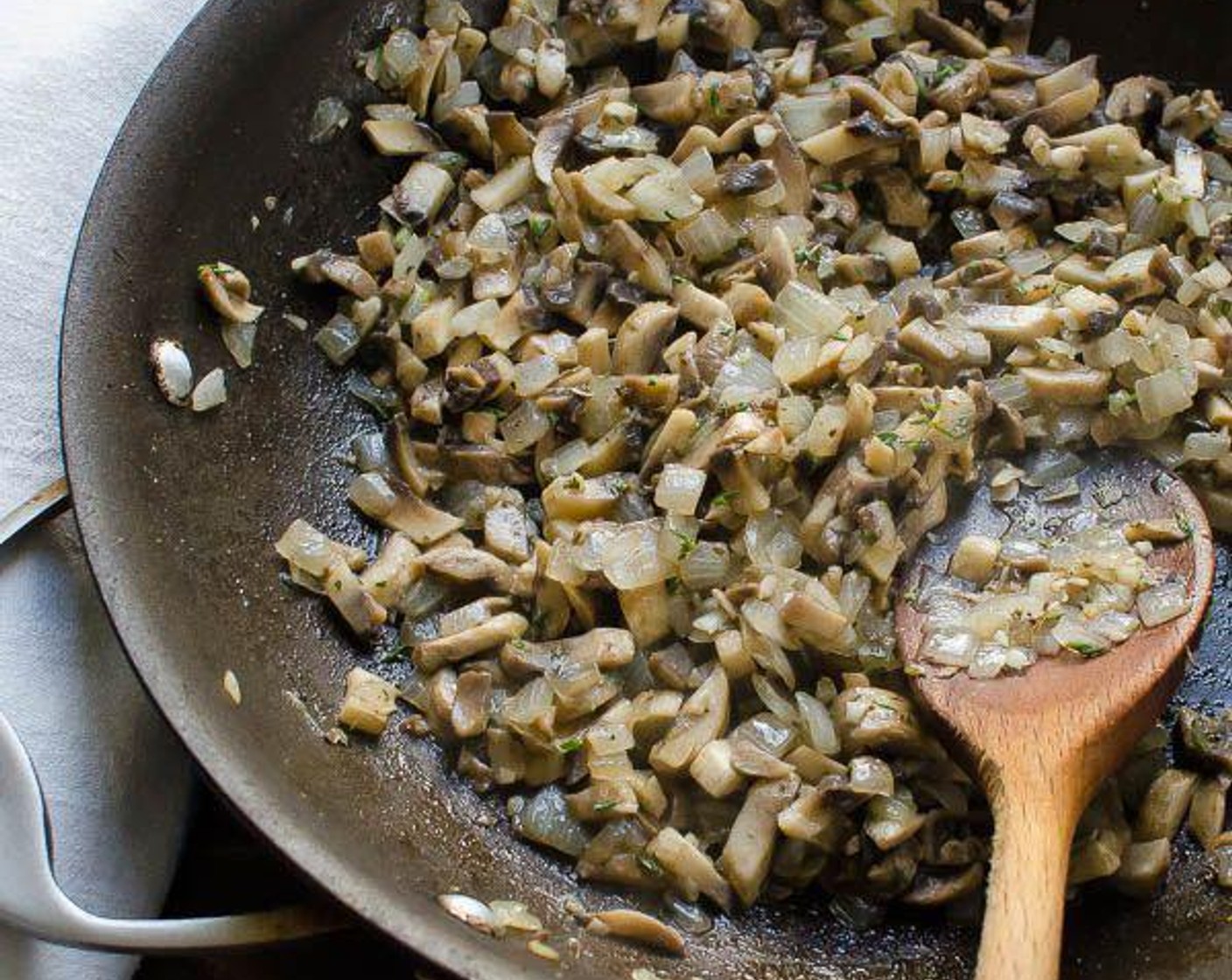 step 6 Then stir in the Mushrooms (2 1/4 cups), Fresh Thyme (1 tsp), Dried Sage (1/2 tsp), and Salt (1/2 tsp). Cook until the mushrooms release their liquid, about 5 minutes.