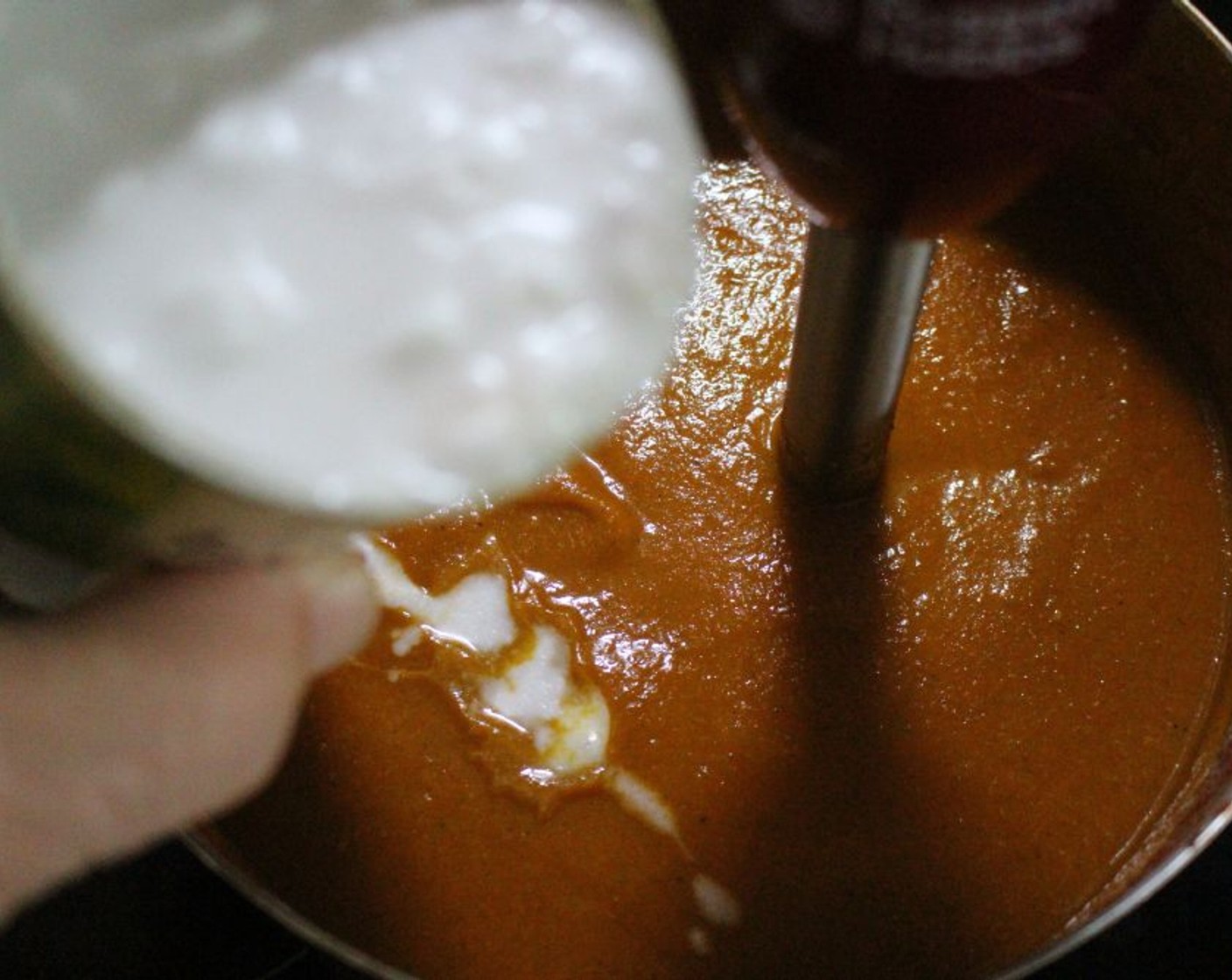 step 6 Add Coconut Milk (8 fl oz) and simmer for 10 minutes. If the coconut milk has curdled, blend again until smooth, then remove from heat.