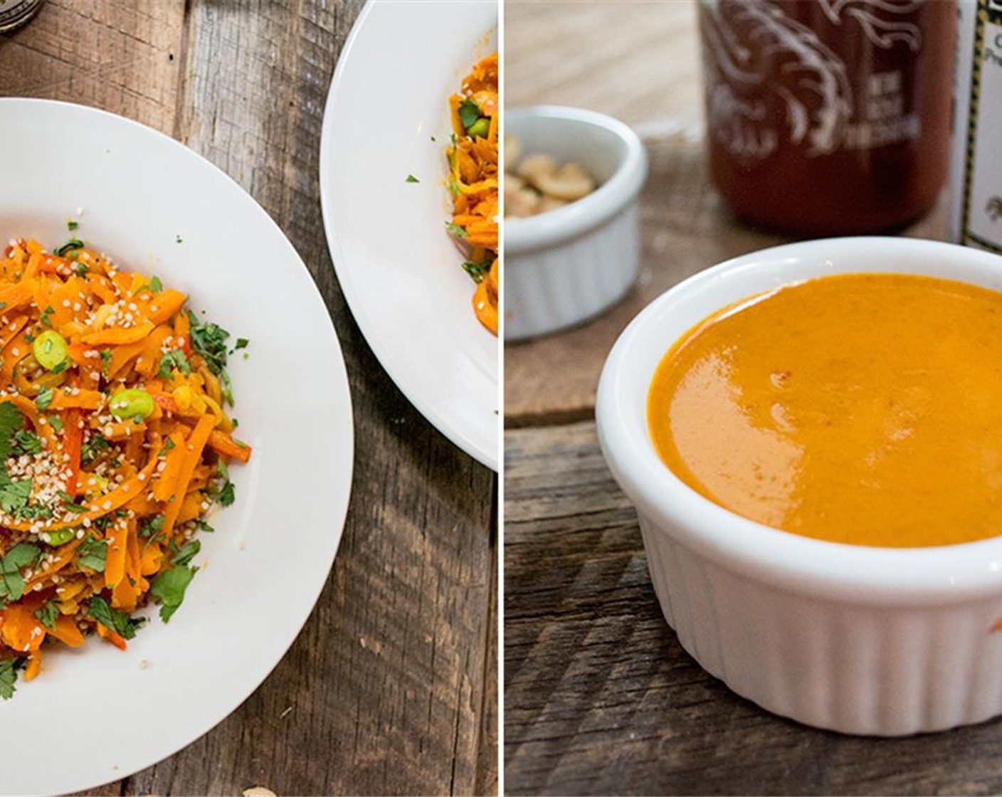 step 9 Pour Sriracha mixture over cooked veggies and toss to coat evenly. Divide Pad Thai between two bowls.