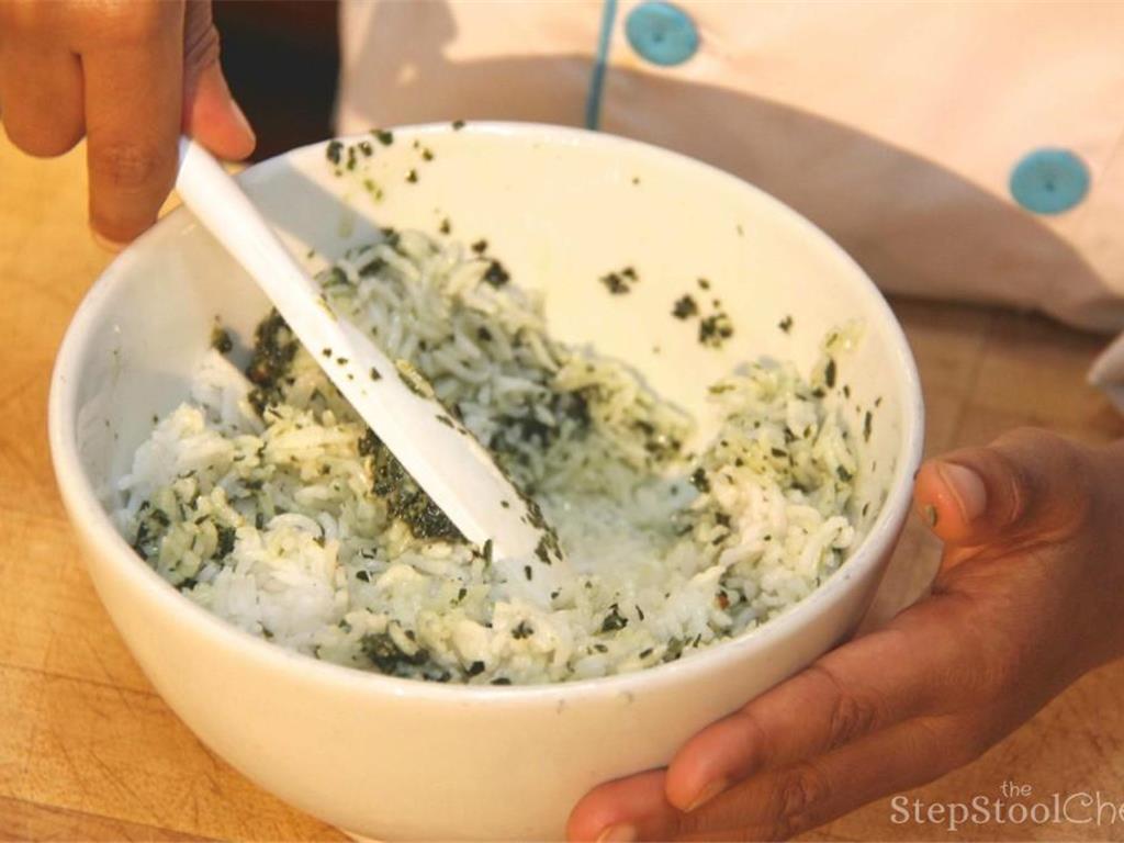 Step 9 of Italian Baked Tilapia Parmesan & Basil Pesto Rice Recipe: Mix the Basil Pesto (2 tablespoon) with the Basmati Rice (2 cup).