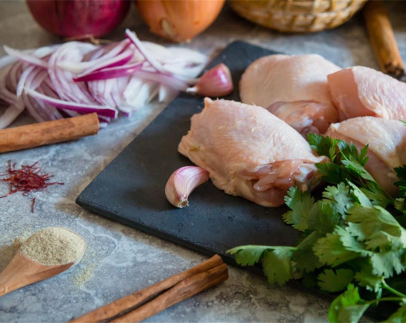 step 3 Uncover the casserole. Add the Whole Chickens (2.2 lb), Garlic (4 cloves), Ground Ginger (1 tsp), Ground Turmeric (1 tsp), Cinnamon Stick (1), Saffron Threads (1 pinch), Salt (1 tsp) and Ground White Pepper (1/2 tsp).