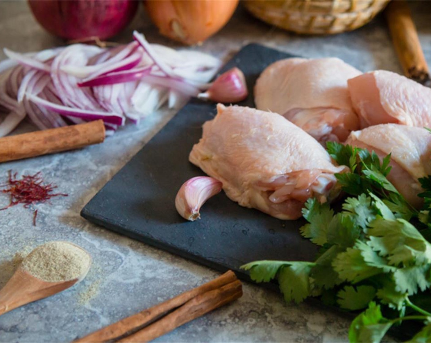 step 3 Uncover the casserole. Add the Whole Chickens (2.2 lb), Garlic (4 cloves), Ground Ginger (1/2 Tbsp), Ground Turmeric (1 tsp), Cinnamon Stick (1), Saffron Threads (1 pinch), Salt (1 tsp) and Ground White Pepper (1/2 tsp).