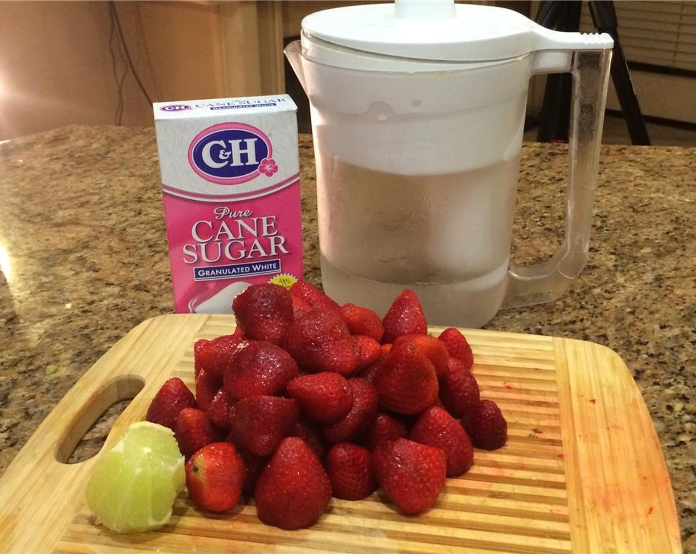 step 1 Prep Fresh Strawberries (3 cups), Lime (1), Granulated Sugar (1/2 cup), Water (3 cups), and Ice (to taste).