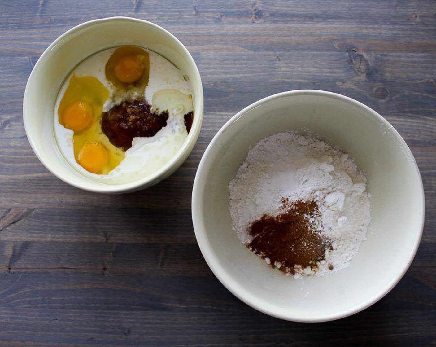 step 4 In a larger separate bowl, whisk together the Eggs (3), Granulated Sugar (1 1/2 cups), Brown Sugar (1/2 cup), Vegetable Oil (3/4 cup), Buttermilk (3/4 cup), and Vanilla Extract (1/2 Tbsp) until smooth. Gradually add the flour mixture into the wet mixture, stirring until just blended. Do not over mix.