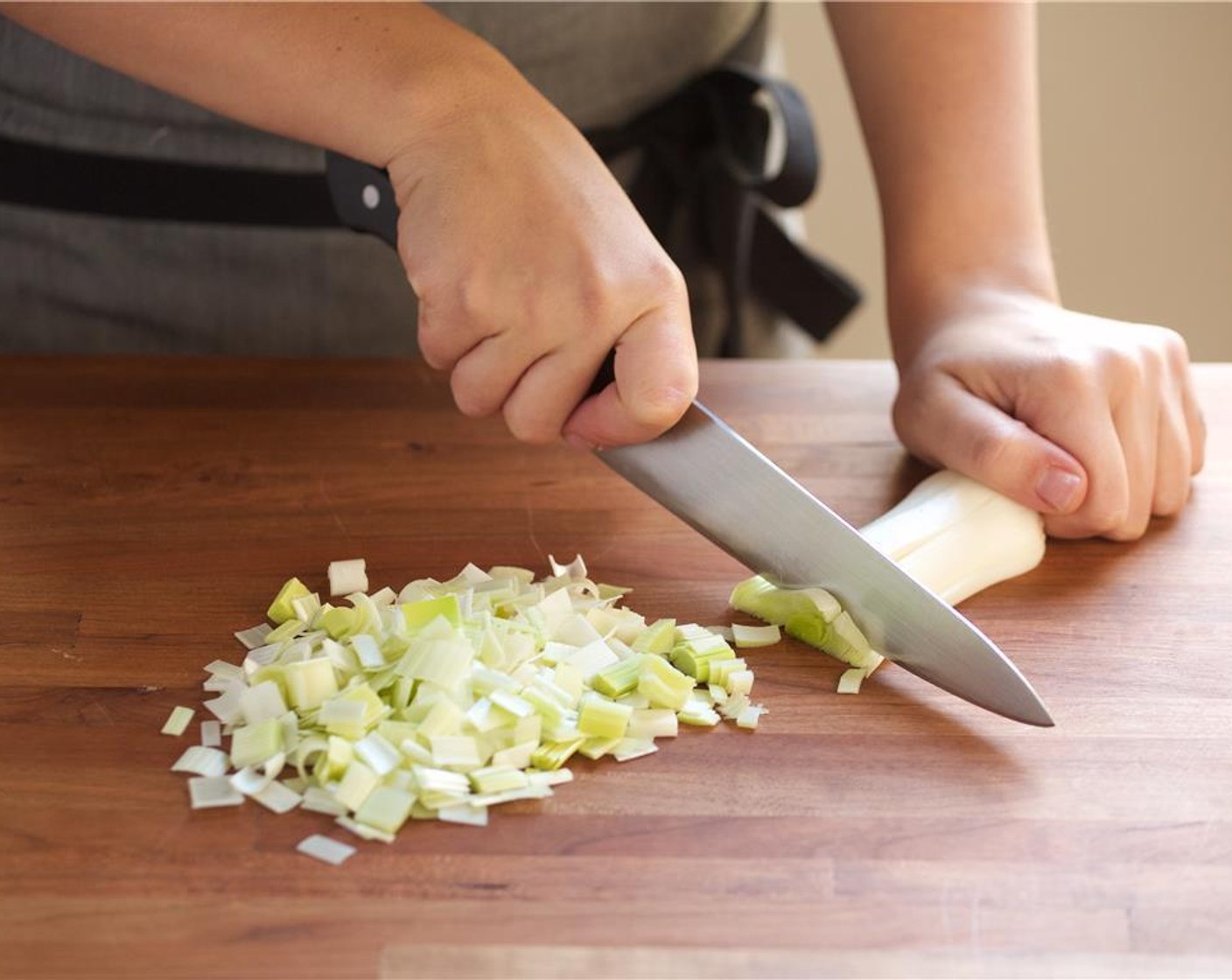 step 1 Cut the Leeks (3 3/4 cups) into half inch diced pieces, and set aside. Remove the leaves from the Fresh Parsley (1/3 cup) and discard stems. Roughly chop the leaves and set aside.