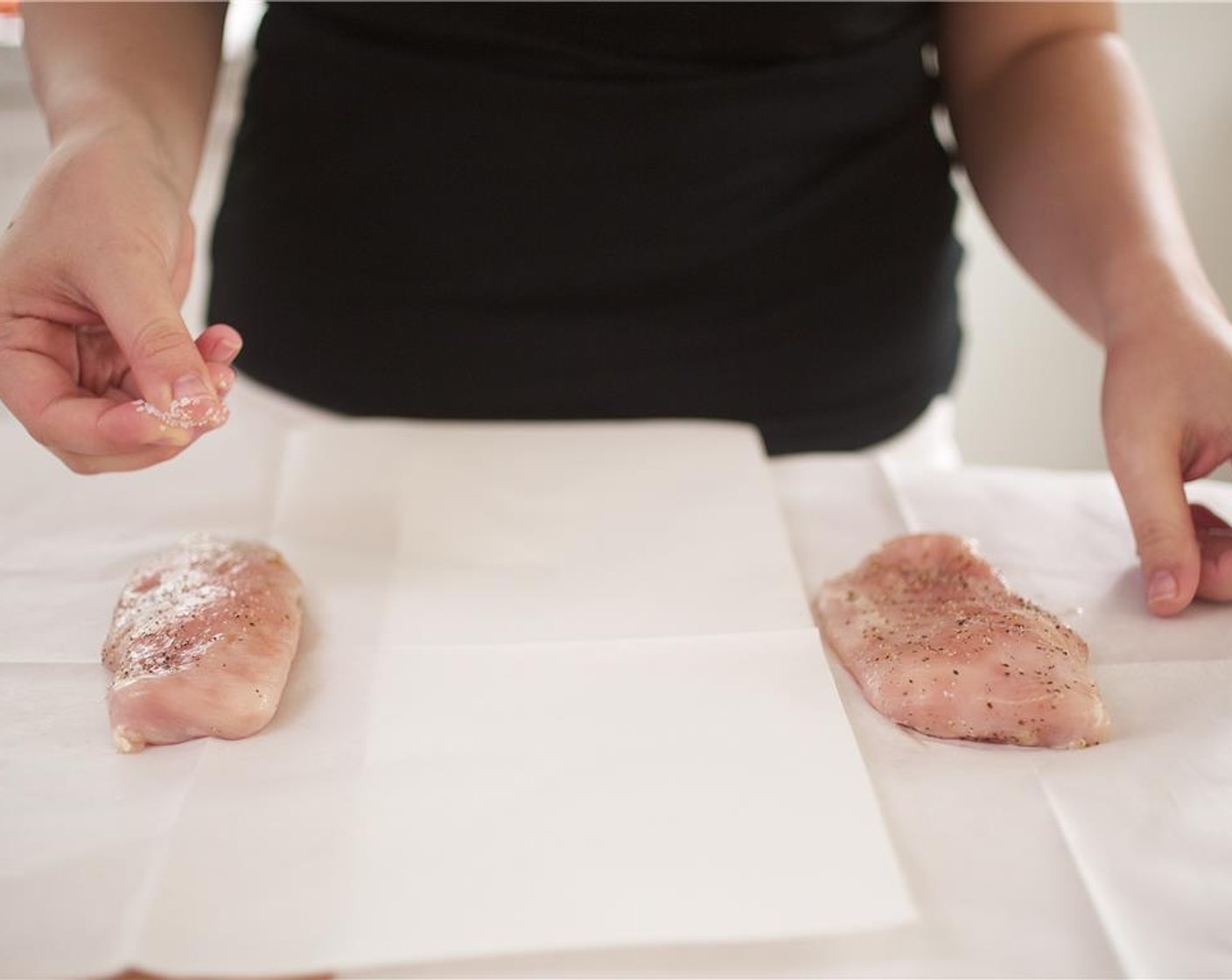 step 6 Pat dry the Chicken Breasts (2) with paper towels. Season each breast with Salt (1/4 tsp) and Ground Black Pepper (1/4 tsp).