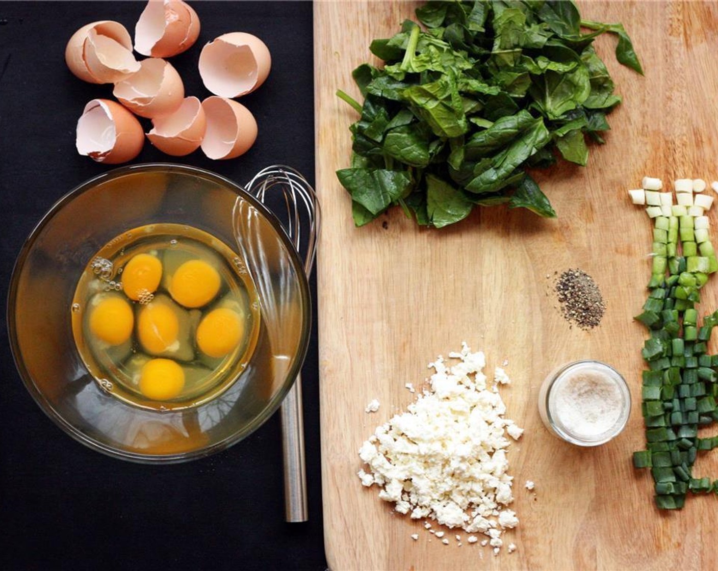 step 3 Crumble the Feta Cheese (1/3 cup). Roughly chop the Fresh Spinach (3 oz), removing any stiff stems.