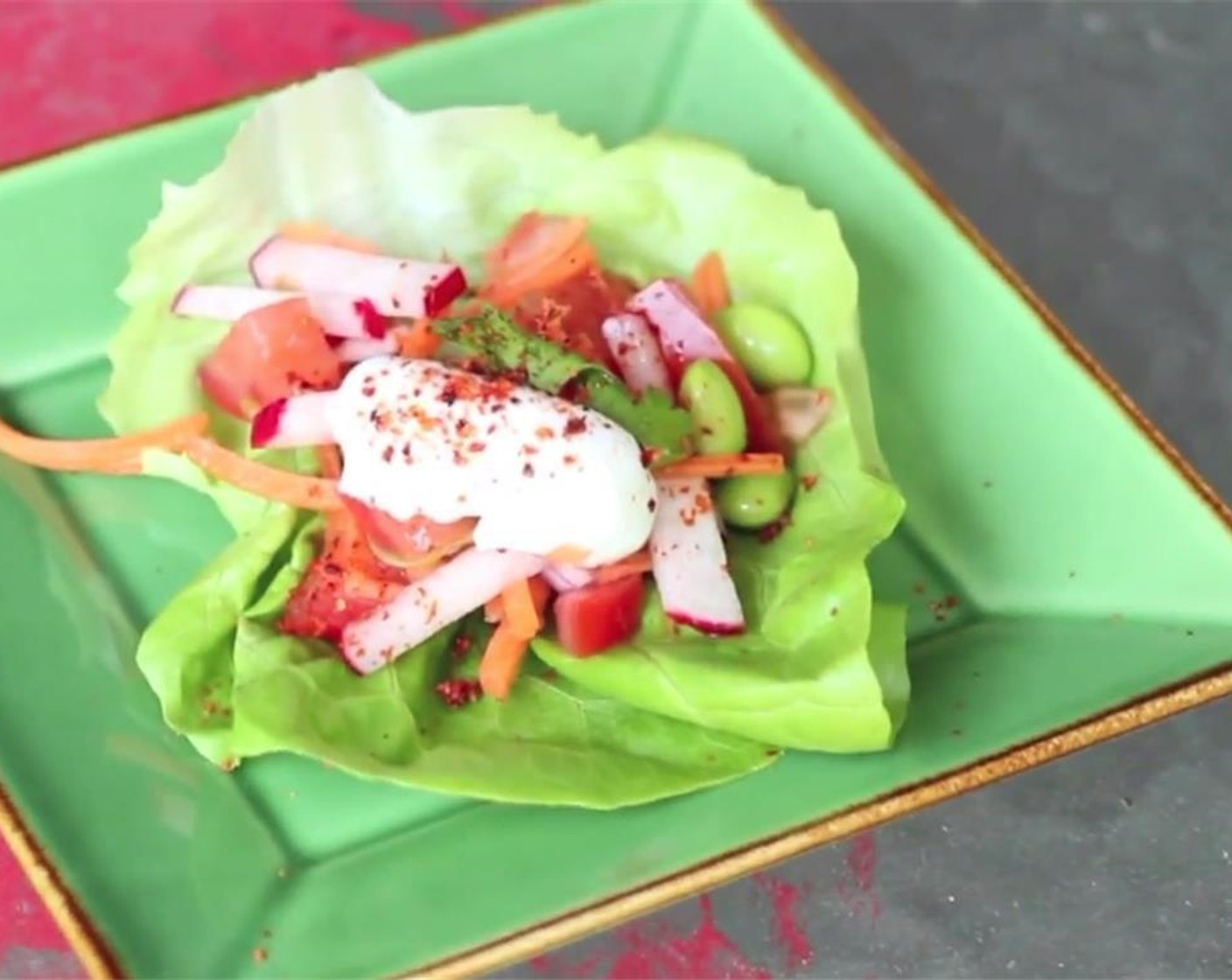 step 4 Evenly distribute vegetables into the Boston Lettuce (to taste) and top with some Sour Cream (to taste) and Chili Salt (to taste). Serve, and enjoy!