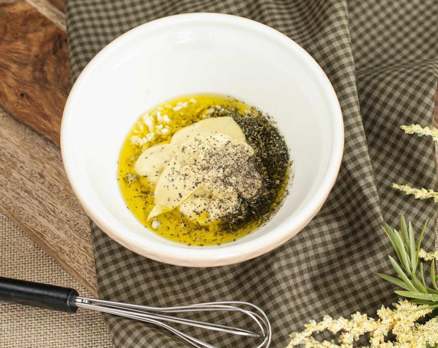 step 1 In a small bowl whisk together Dijon Mustard (4 Tbsp), Italian Seasoning (1 tsp), Garlic (1 clove), Salt (1 pinch), Ground Black Pepper (1 pinch), and Olive Oil (2 Tbsp) and set aside until ready to use.