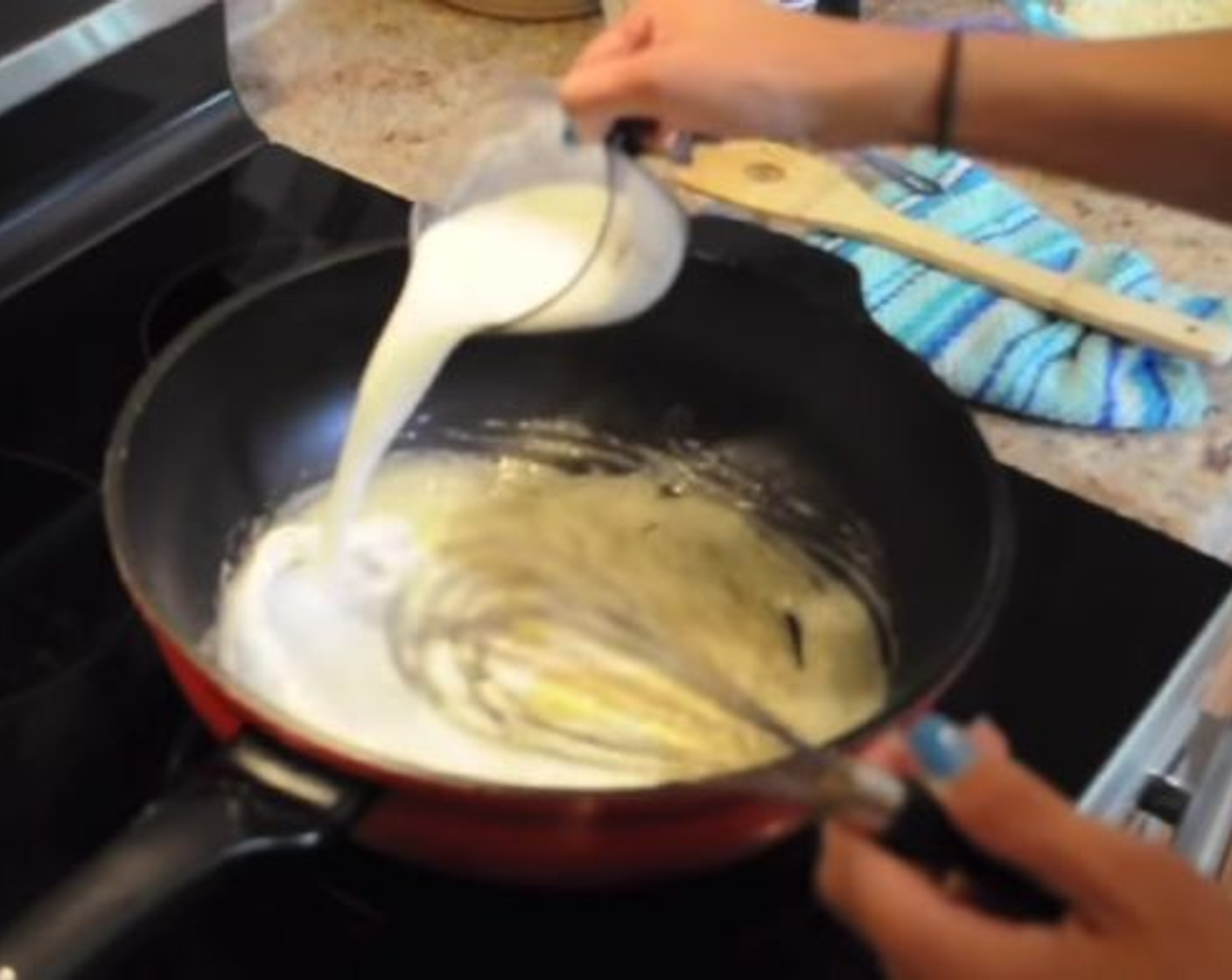 step 3 Reduce heat to medium and add Milk (1 cup), Heavy Cream (2 cups), Dry Mustard (1 tsp), and Ground Black Pepper (1/2 tsp). Whisk until it begins to bubble.