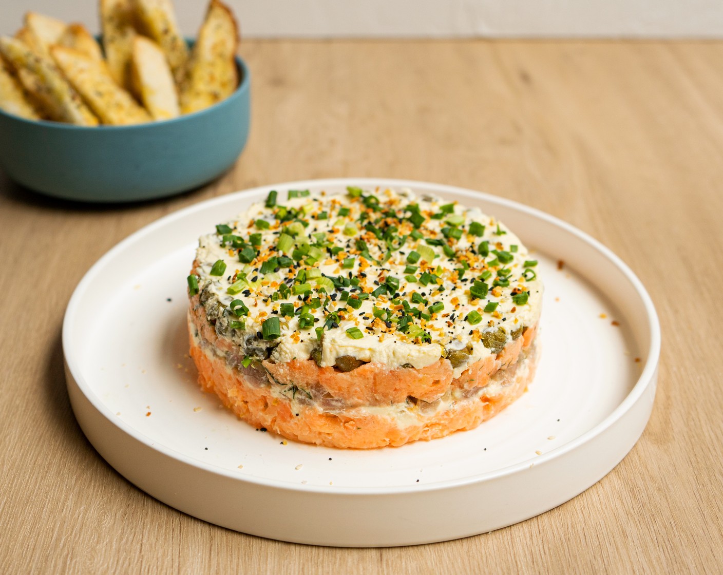 Smoked Salmon 7 Layer Dip with Bagel Chips