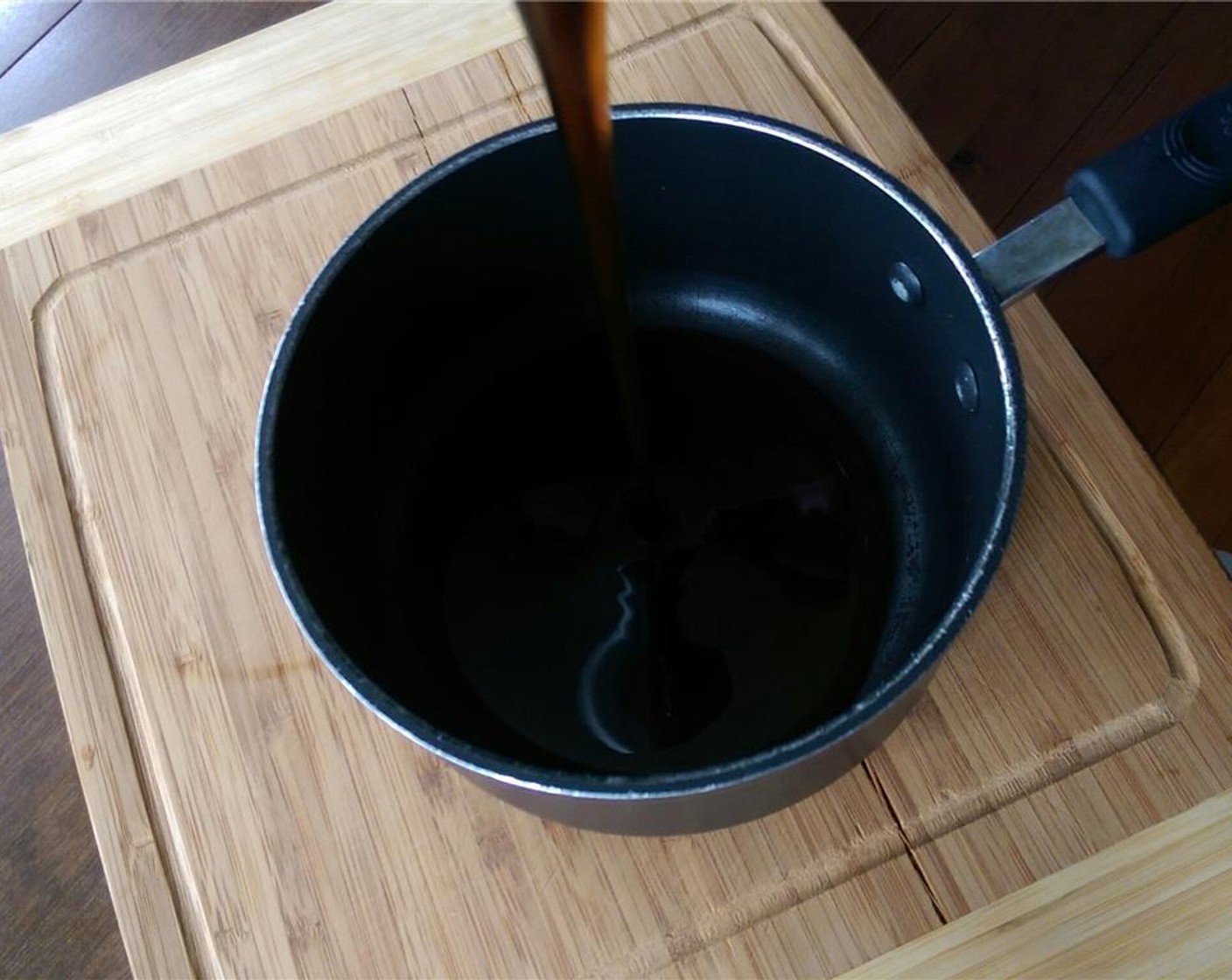 step 2 Place Maple Syrup (3/4 cup) in a 4 quart pot over medium hear to reduce down to 1/2 cup. Takes about 8 minutes, stir occasionally.