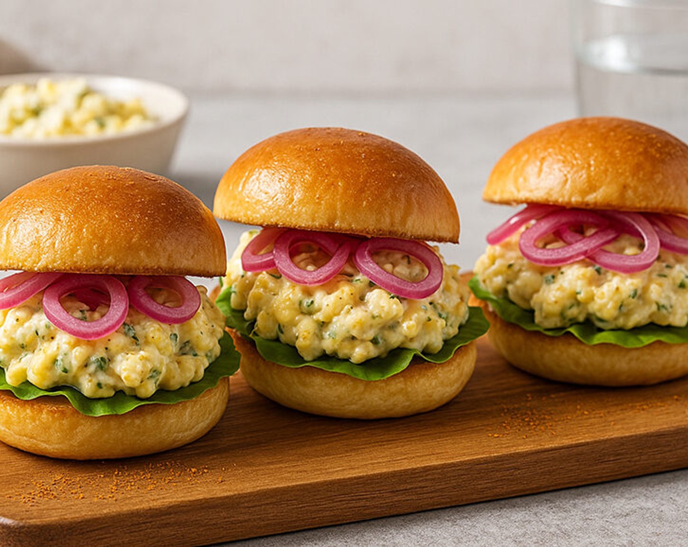 step 4 Assemble sliders: Place a Butter Lettuce (to taste) or arugula leaf on each bun base. Add a generous scoop of egg salad, then top with a few pickled shallot rings. Cap with the top bun and serve immediately.