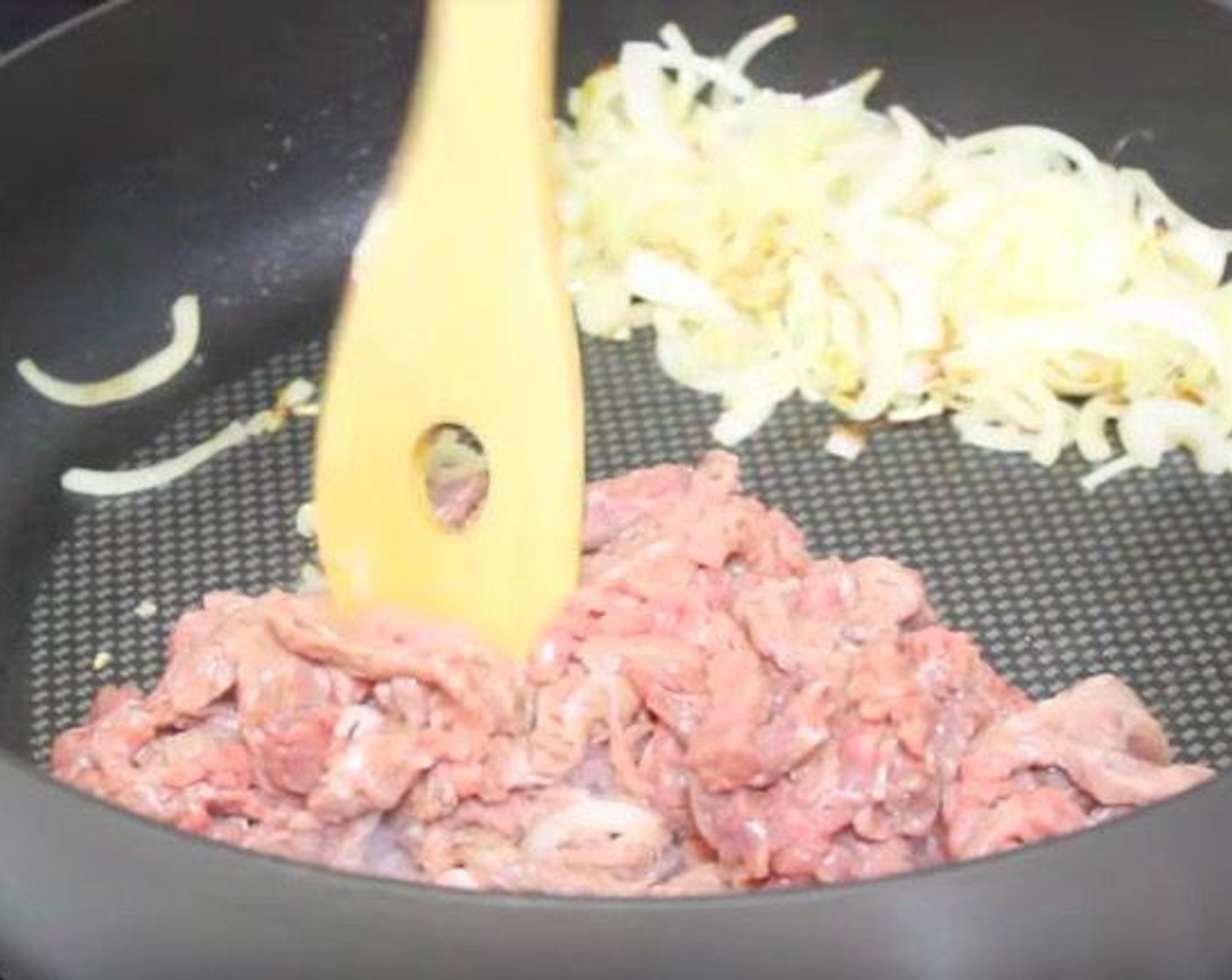 step 1 Over medium high heat, add Oil (2 Tbsp) to a pan and cook Onion (1) with some salt for 4 minutes. Set aside to the pan and add Sirloin Steak (1 lb). Add Garlic Powder (1 tsp), Salt (to taste), and Ground Black Pepper (to taste).
