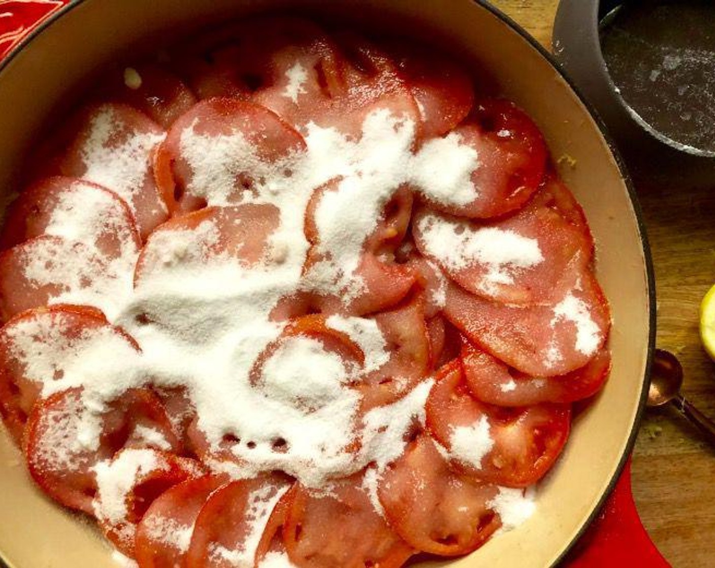 step 3 Top with the remaining Beefsteak Tomatoes (3 1/3 cups), followed by the remaining Granulated Sugar (1 cup). Let sit for 30 minutes.