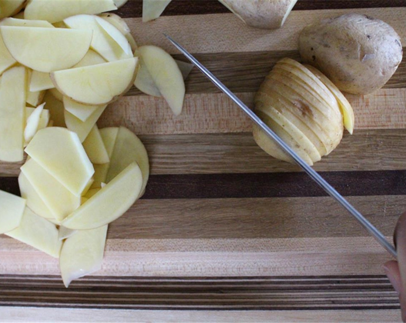 step 2 Halve and thinly slice the Potatoes (4).