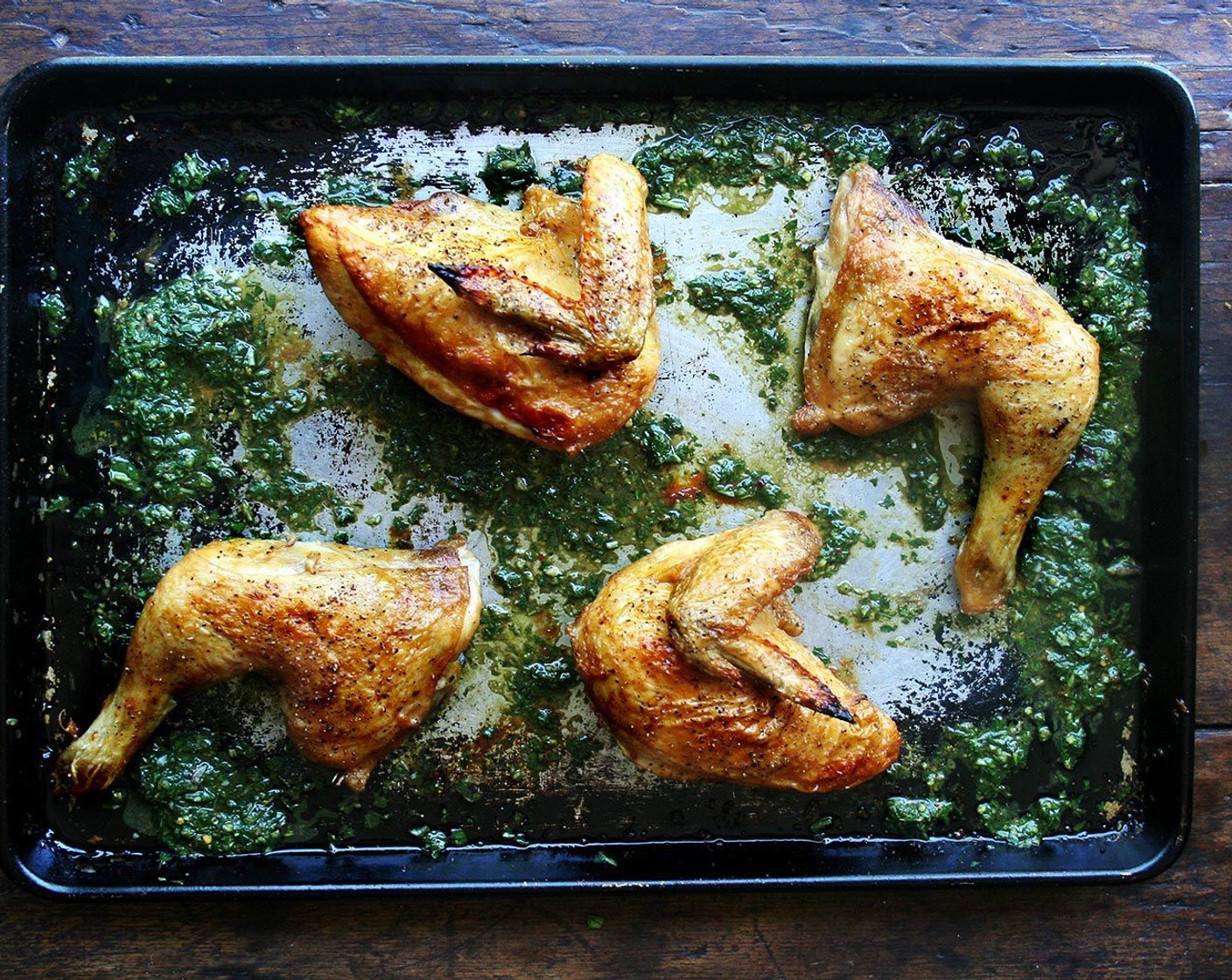 step 10 When the chicken finishes roasting, transfer it to a plate for a second, pour sauce over the pan, scrape up those crispy bits and mix with pan juice. Return chicken to pan and let it rest for 10 minutes.