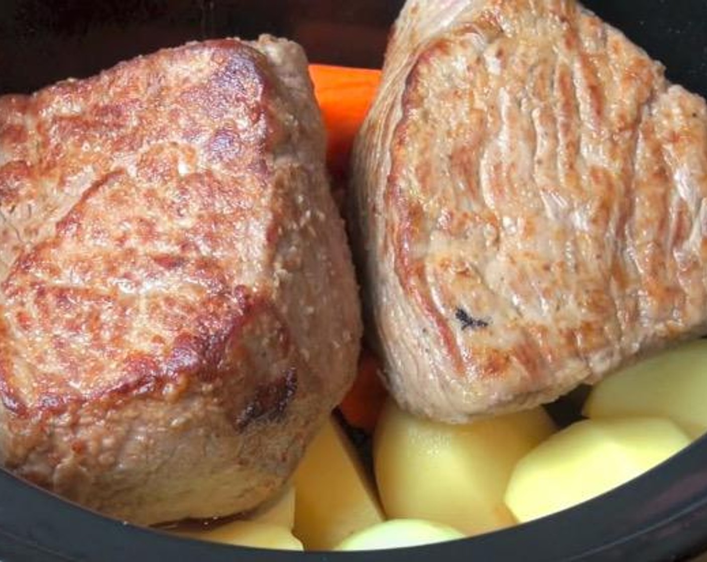 step 3 In a lightly greased slow cooker, add Potatoes (5), Carrots (5) and Yellow Onion (1). Mix together, then place the beef roast on top. Pour Beef Stock (1 1/2 cups) over top. Cover and cook on low for 9 hours.