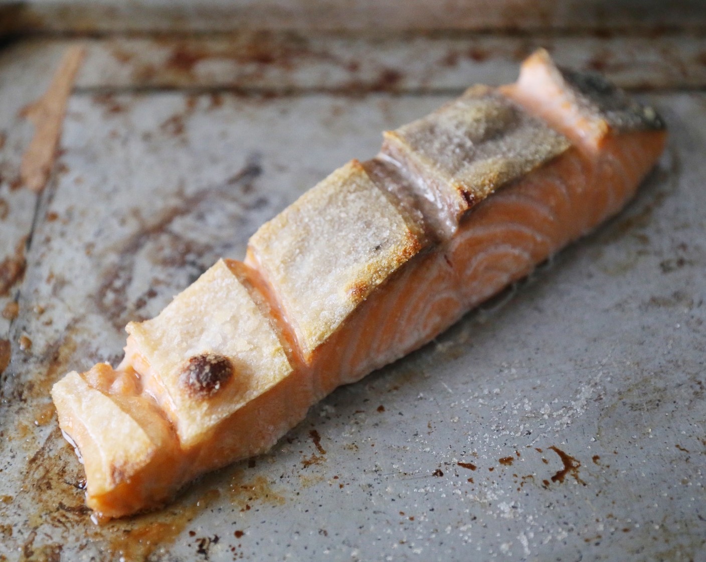 step 10 Broil the salmon, skin-side up, until it begins to blister, about 4 minutes.