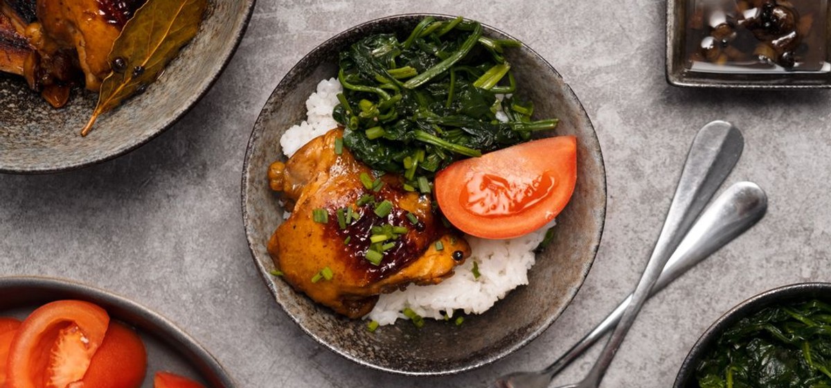 Chicken Adobo with Wilted Spinach and Fresh Tomato Recipe | SideChef