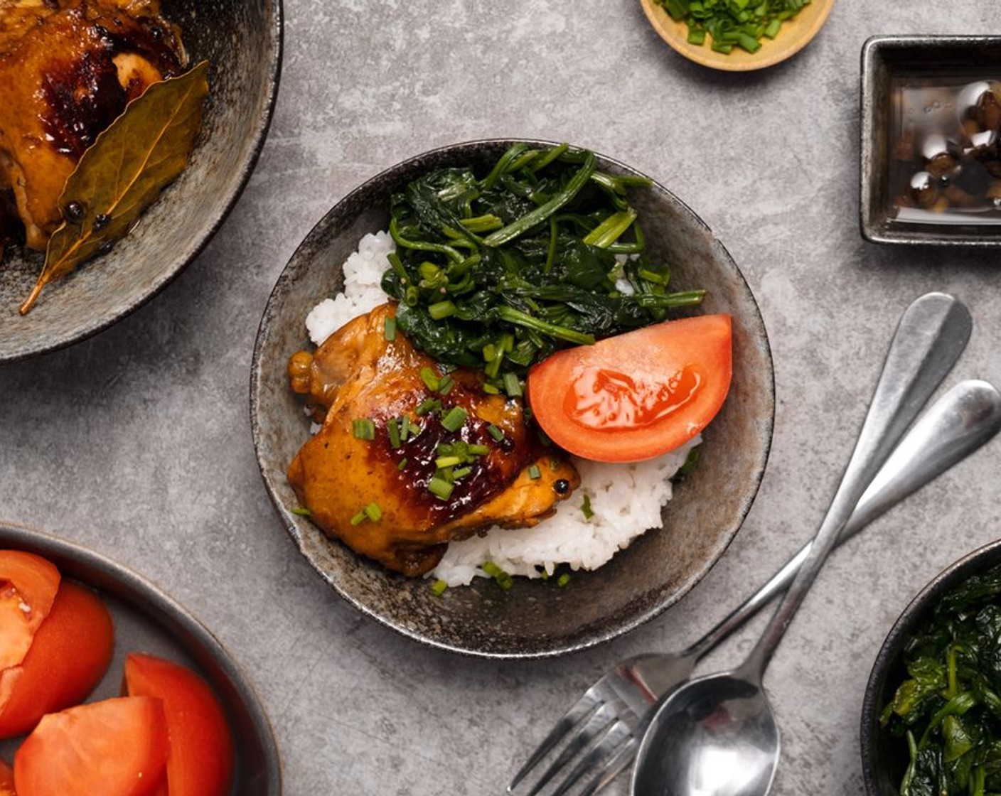 Chicken Adobo with Wilted Spinach and Fresh Tomato