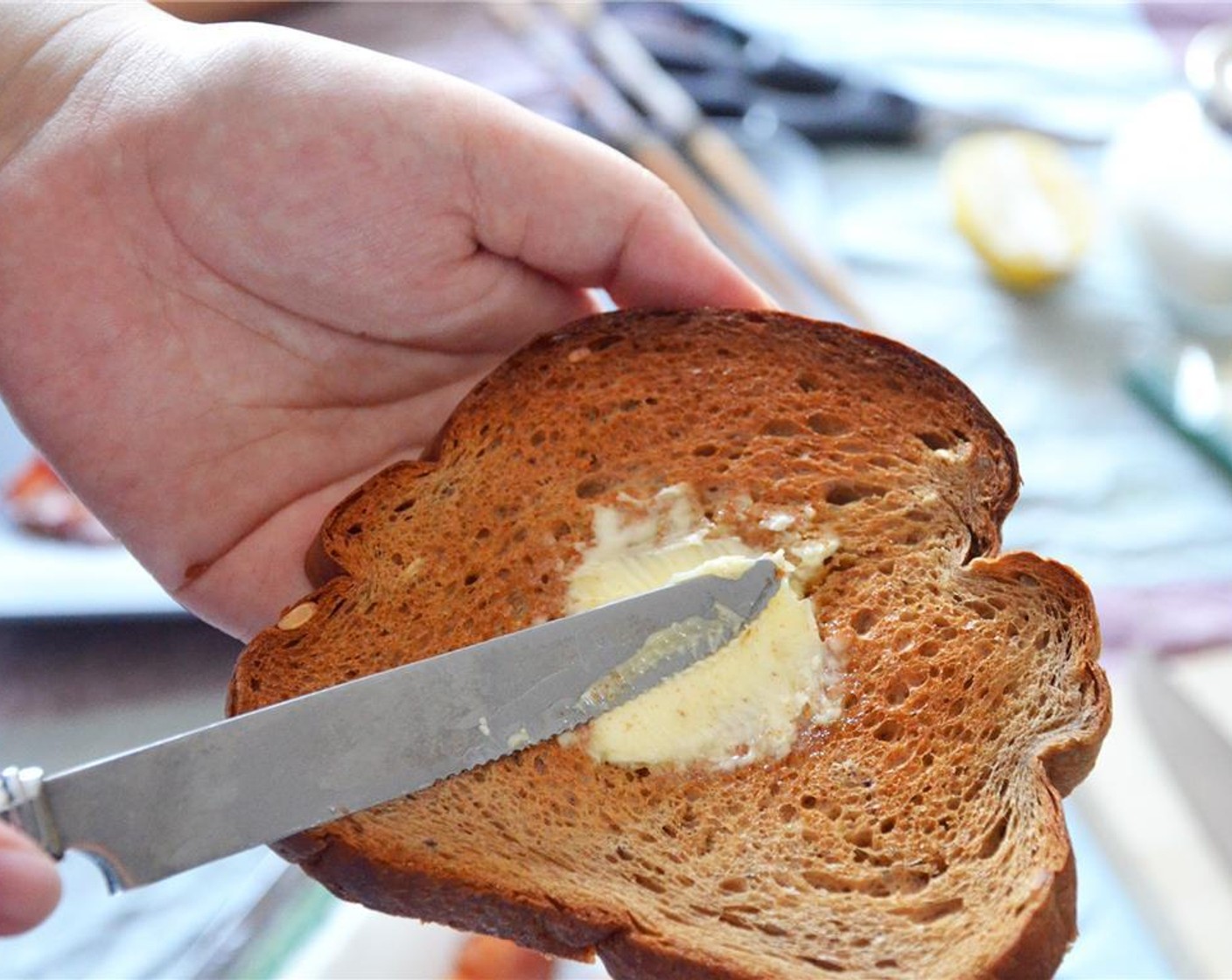 step 3 Spread Unsalted Butter (1 Tbsp) on one side of each piece of Sourdough Bread (2 slices).