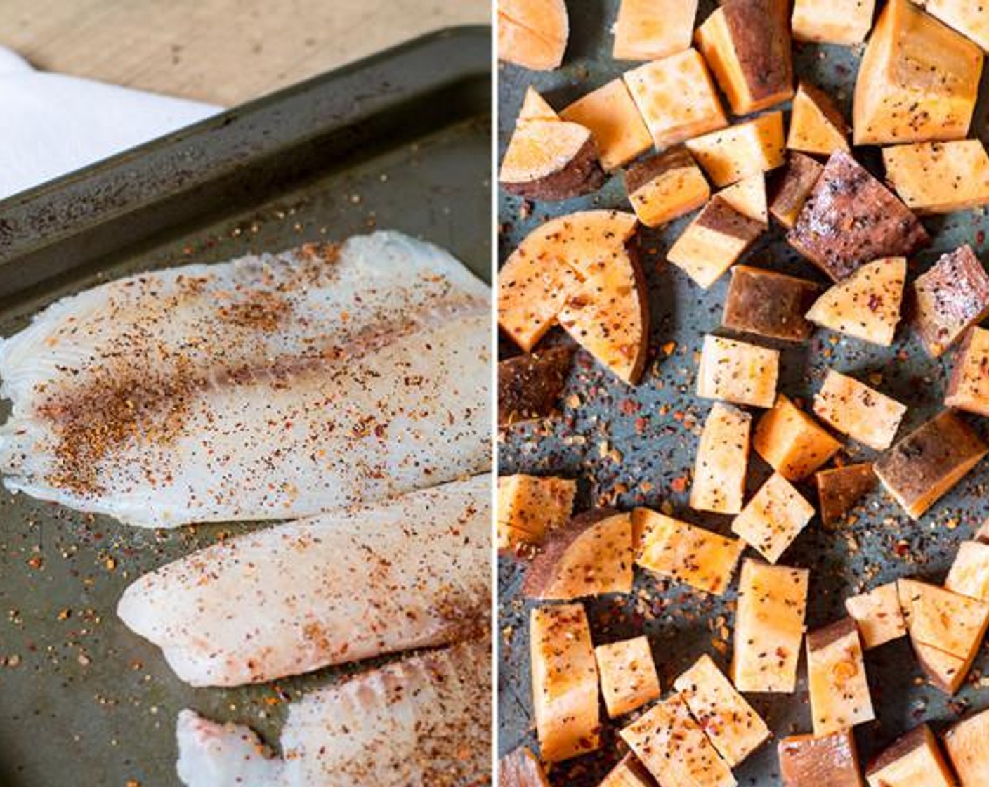 step 2 Meanwhile, place Sweet Potatoes (2) and spread into a single layer on greased pan. Add Tilapia Fillets (2), to greased pan as well and sprinkle sweet potatoes and fillets with Barbecue Rub (to taste), Salt (to taste), and Ground Black Pepper (to taste).