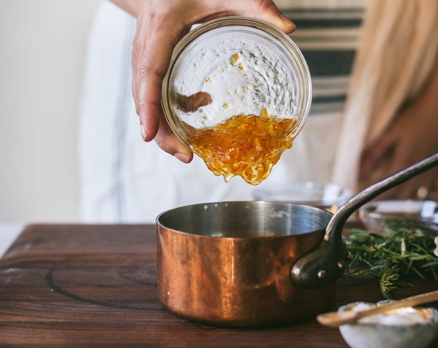 step 5 Over medium heat, mix Orange Marmalade (1/2 cup), Apple Cider Vinegar (1/4 cup), Kosher Salt (1/2 Tbsp), and Fresh Rosemary (1 Tbsp) together until hot but not boiling, then remove from heat.