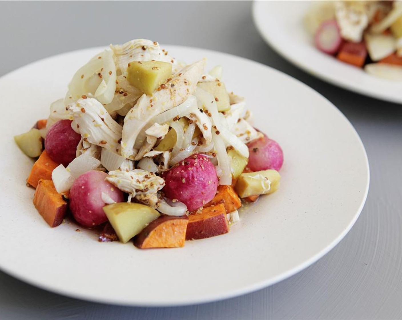 step 9 Serve chicken with apples with roasted sweet potatoes and radish. Enjoy!