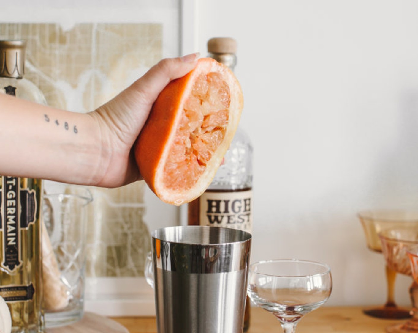 step 1 Add 1 oz of juice from a Grapefruit (1), 1 fl oz of juice from Lemon (1), Whiskey (1.5 fl oz), Egg (1), and Maple Syrup (0.5 oz) to your shaker and dry shake (no ice!) for 60 seconds.