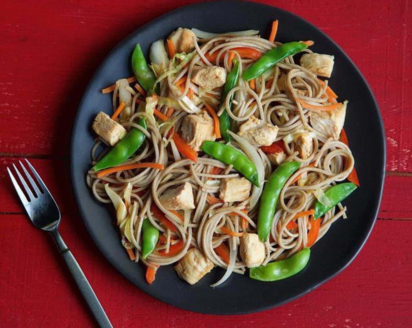Yakisoba Chicken with Peas and Red Bell Pepper