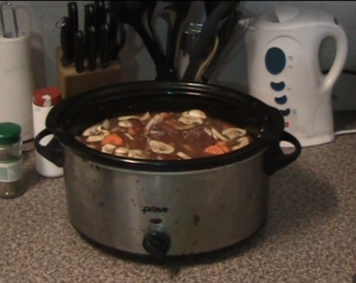 step 2 Next add Garlic (1 clove), Onion (1), Mushroom (1 cup), Carrots (3), Italian Seasoning (to taste) and Beef Stock (4 cups). Mix in the Canned Diced Tomatoes (2 cups) and the Tomato Soup (15 oz) and let cook for 3-4 hours on low.