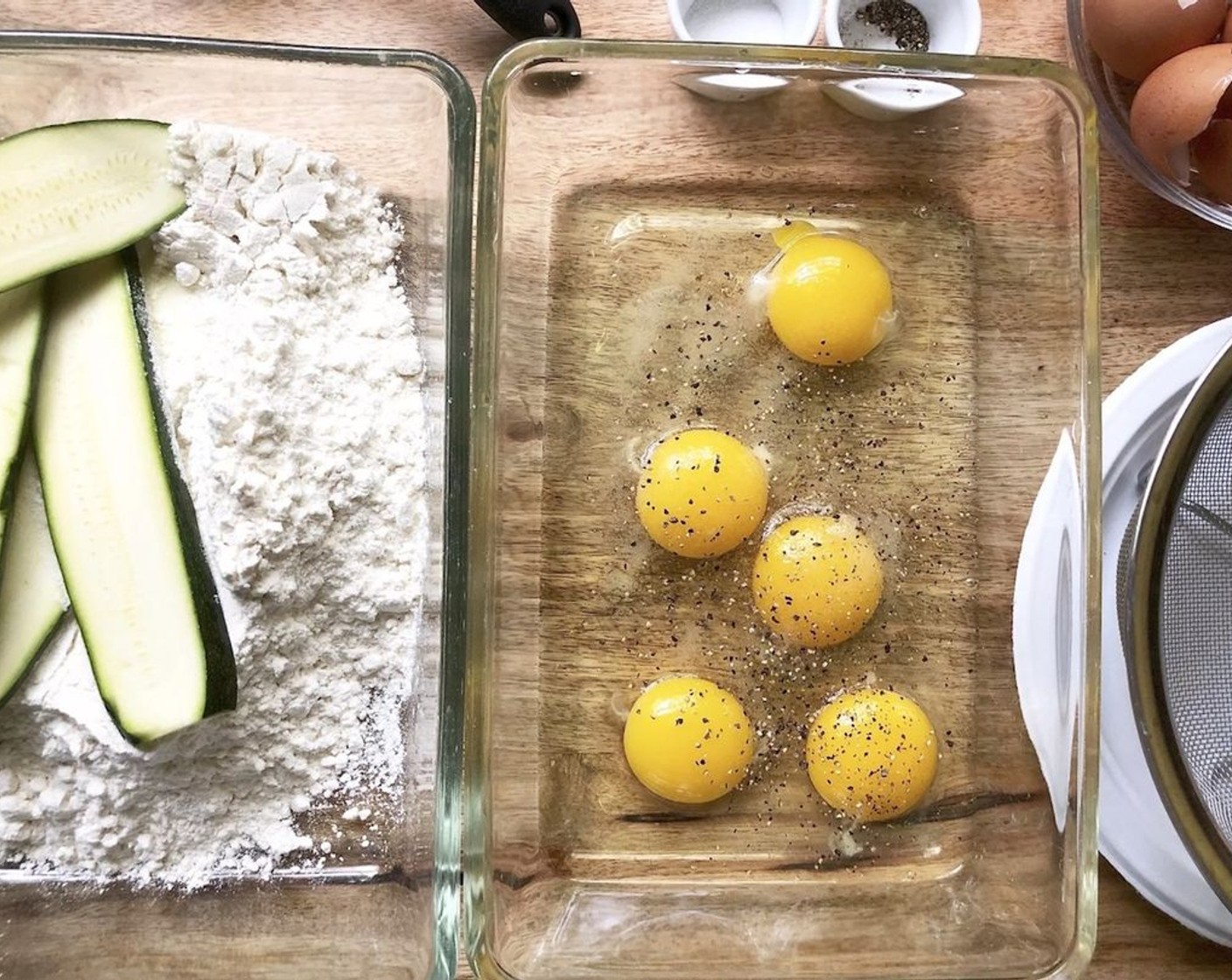 step 2 Dump the All-Purpose Flour (1 1/2 cups) into a wide bowl or shallow dish. In another wide bowl, beat the Eggs (5) well with Salt (1/2 tsp) and Freshly Ground Black Pepper (to taste). Set a wide colander on a plate, to drain the battered strips before frying.