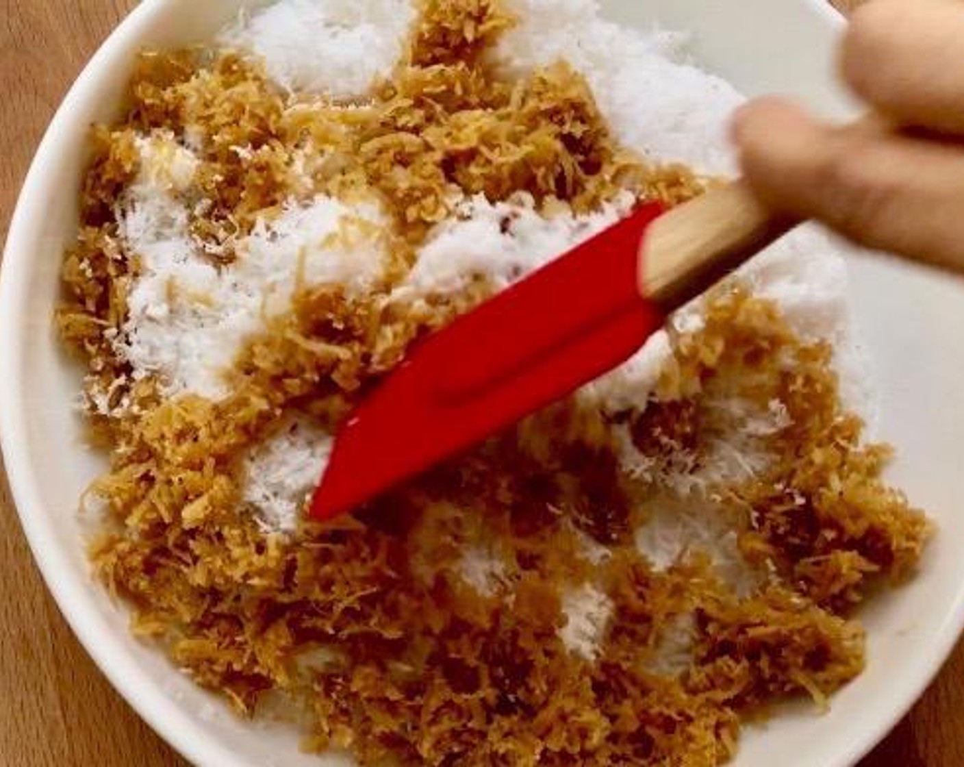 step 1 First, mix together Coconuts (2 cups), Palm Sugar (1 cup) and Salt (1/4 tsp) in a shallow bowl. Set aside for later use.