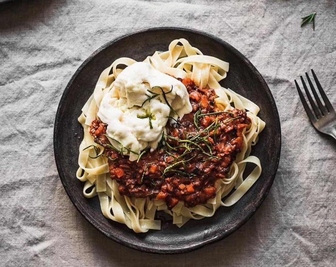 Smoky Mushroom Bolognese with Burrata & Fried Rosemary