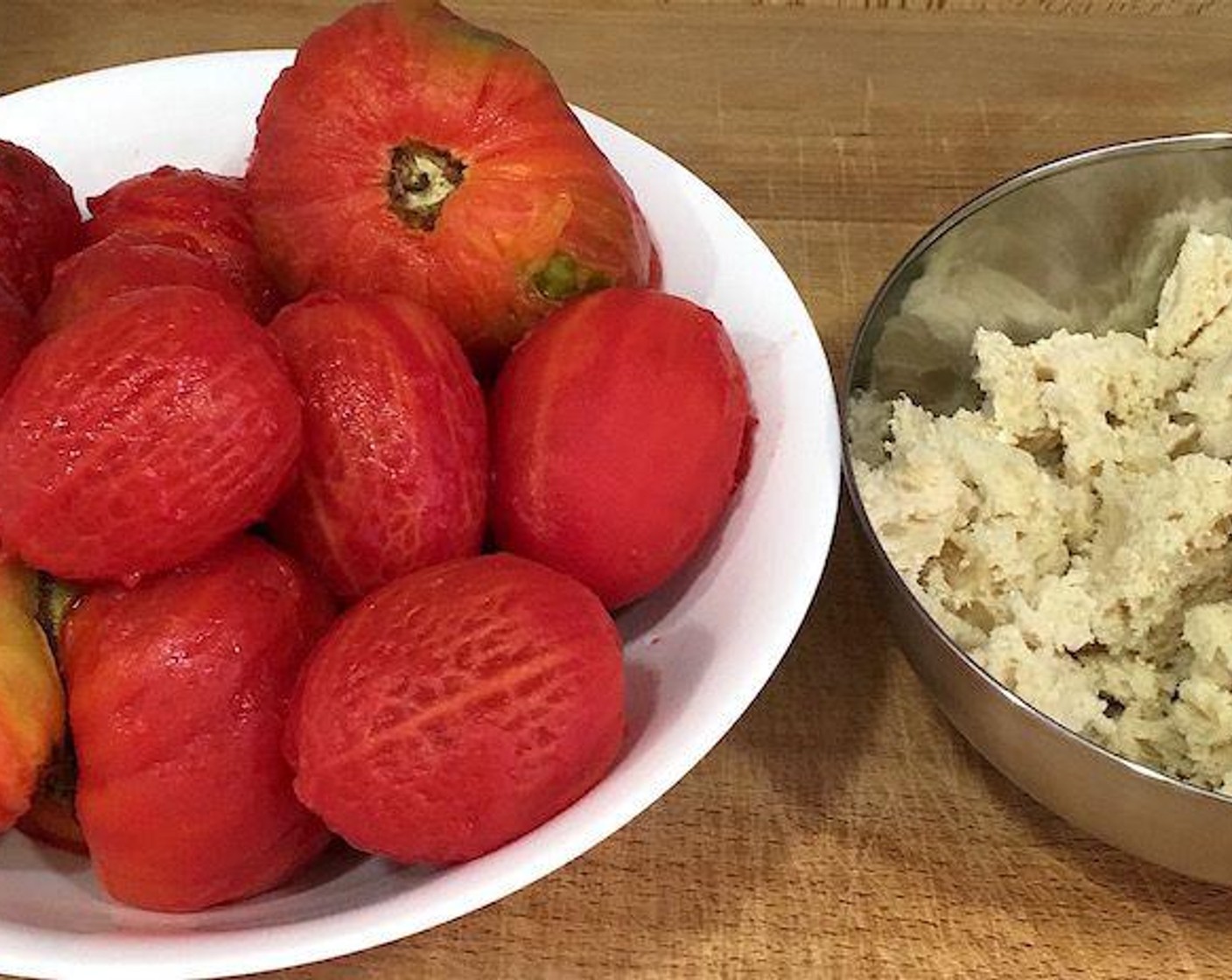 step 1 Peel Tomatoes (11 cups) by blanching in boiling water for 30 to 60 seconds, immersing in cold water, and slipping off skins.