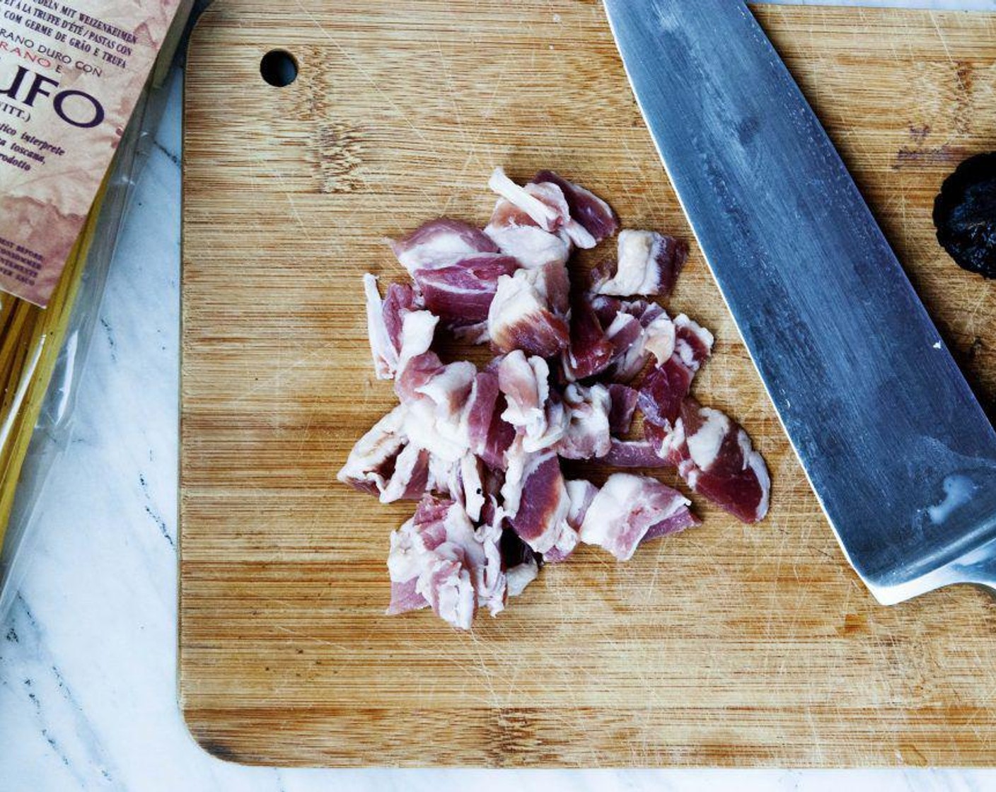 step 1 Chop up the Smoked Bacon (5.5 oz).