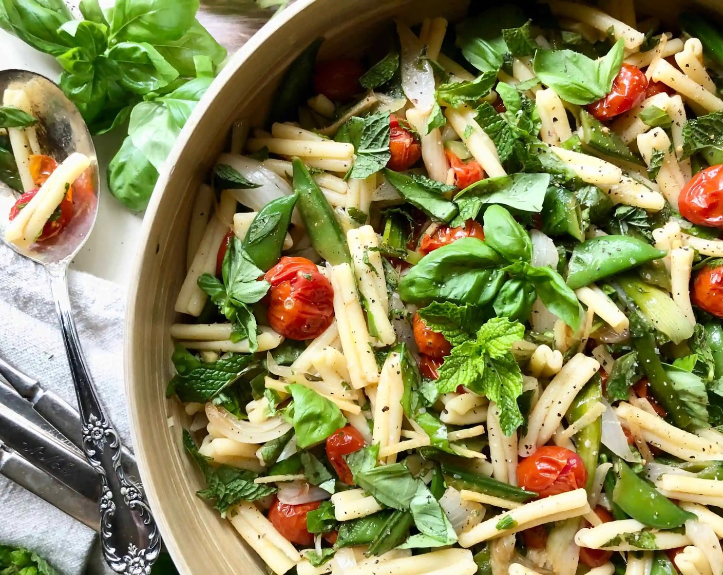 step 12 Serve pasta salad topped with remaining Fresh Basil (1/2 cup) and Fresh Mint (1/2 cup) and a drizzle of Extra-Virgin Olive Oil (to taste). Enjoy warm, slightly chilled, or at room temperature.