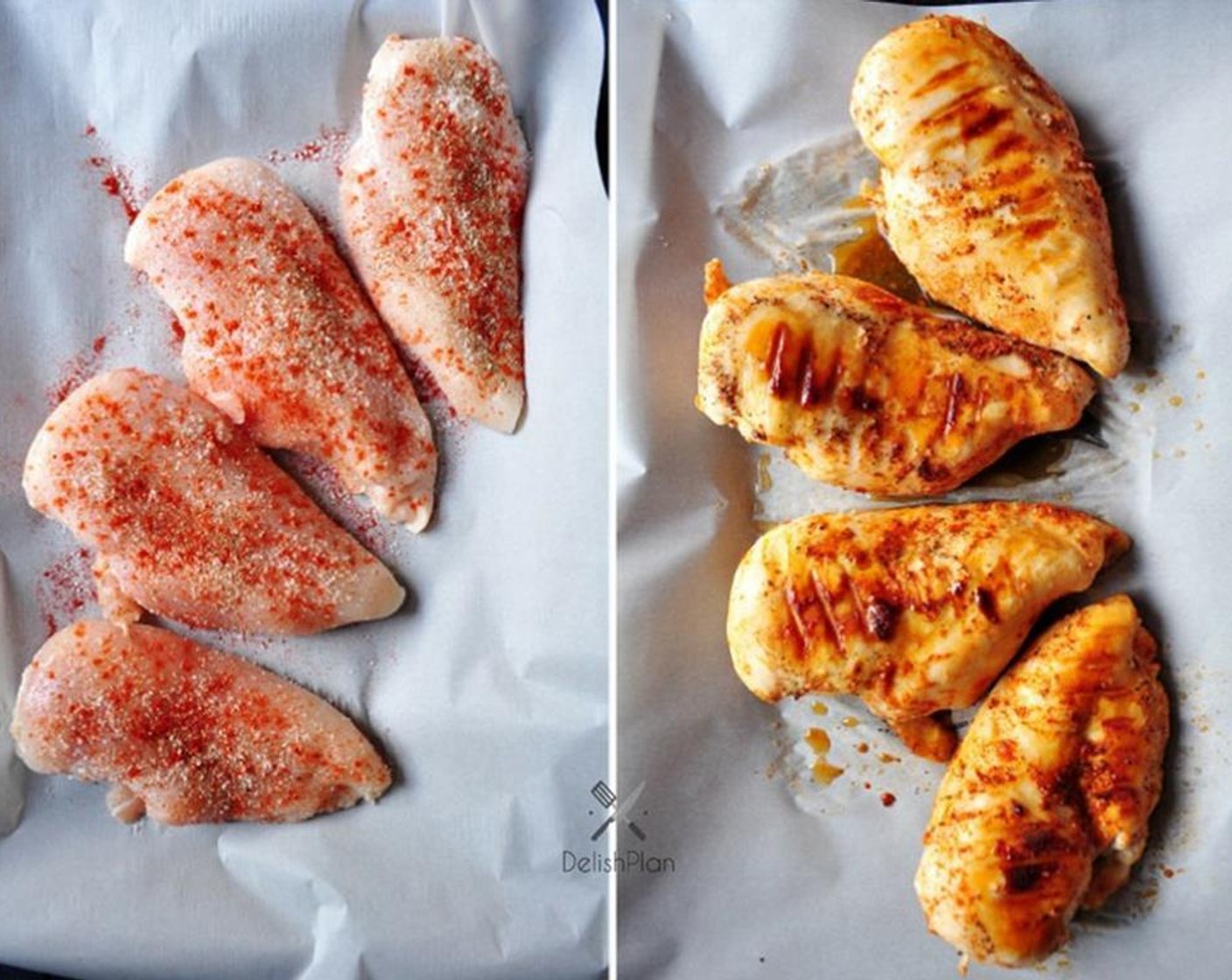 step 2 Rinse Boneless, Skinless Chicken Breasts (4) and pat dry with paper towels. Brush both sides with Extra-Virgin Olive Oil (1/4 cup). Season with Kosher Salt (1/2 Tbsp), Ground Black Pepper (1/2 tsp) and Paprika (1/2 Tbsp) evenly and set aside.