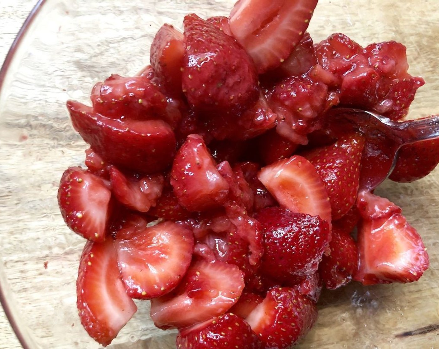 step 8 About 30 minutes before you’re ready to assemble, gently mash a quarter of the  Fresh Strawberries (4 1/2 cups) in a medium bowl using a fork. Add remaining strawberries, Granulated Sugar (2 Tbsp), and Kosher Salt (1 pinch) and stir gently to mix. Set aside for 20 to 30 minutes to macerate, until very juicy.