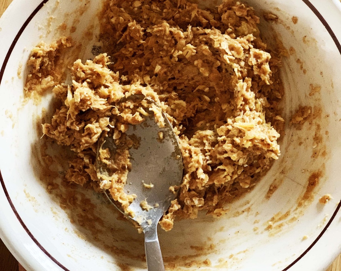 step 2 Once soft, smash with a fork. Stir in the Natural Peanut Butter (2 1/2 Tbsp), Hazelnut Flour (1/4 cup), and Quick Cooking Oats (2/3 cup).